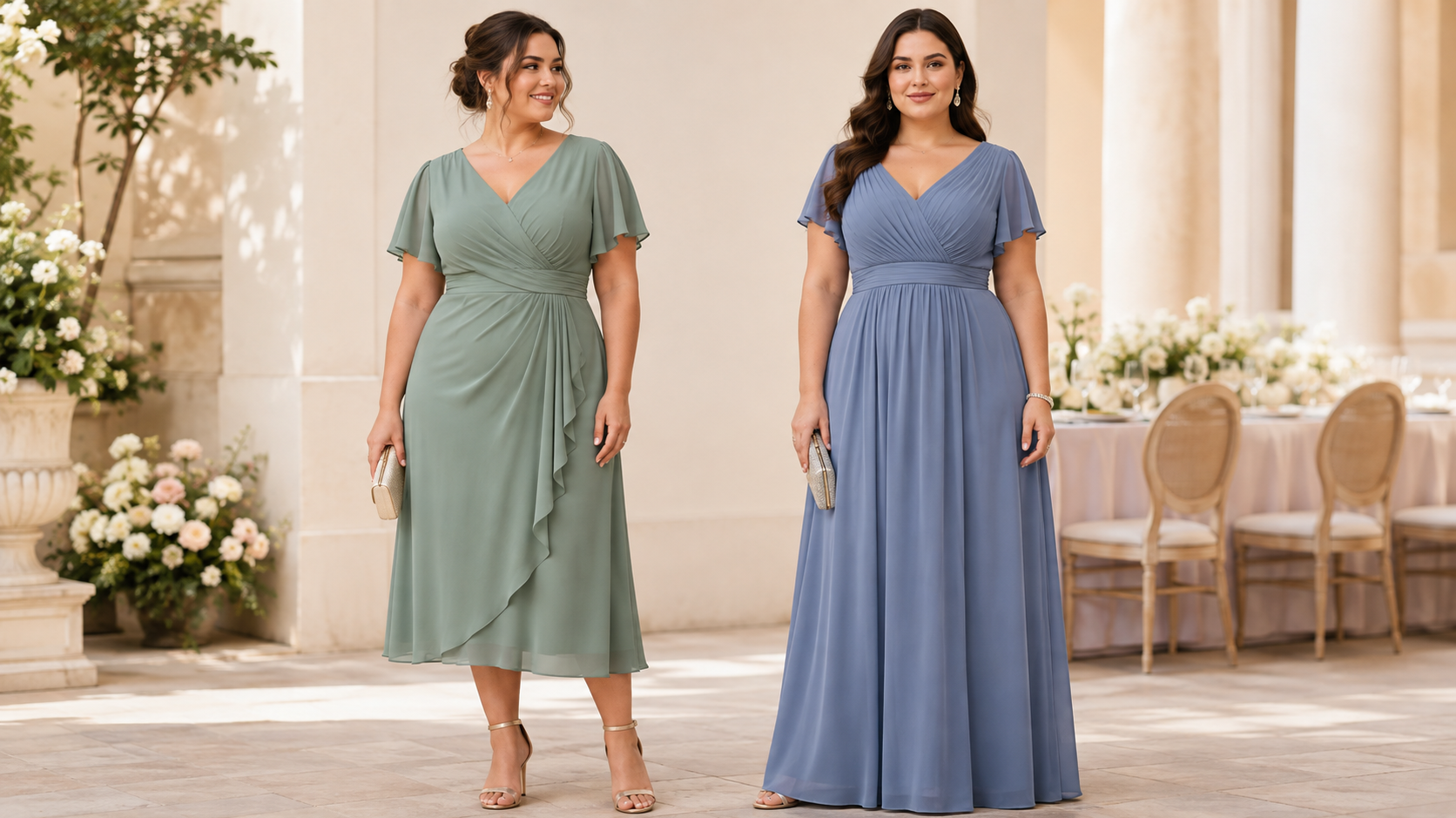 Plus-size wedding guests wearing sage green midi and dusty blue maxi dresses at an elegant outdoor wedding venue.