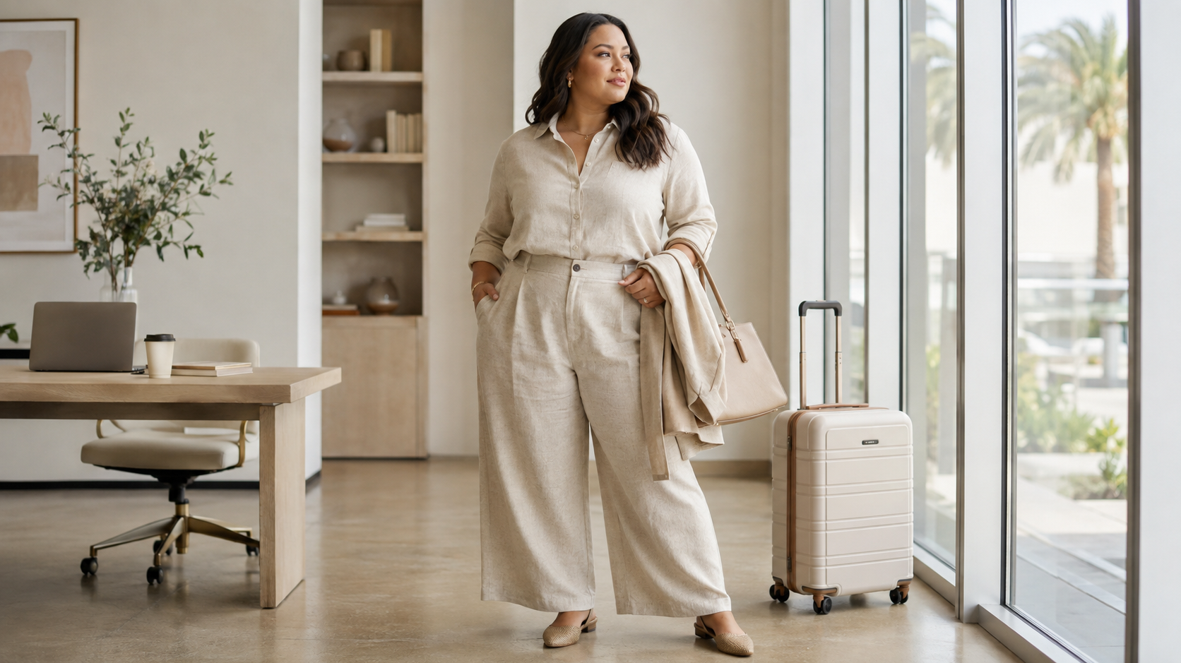Plus-size woman in a beige linen two-piece set standing beside a suitcase in a bright modern workspace.