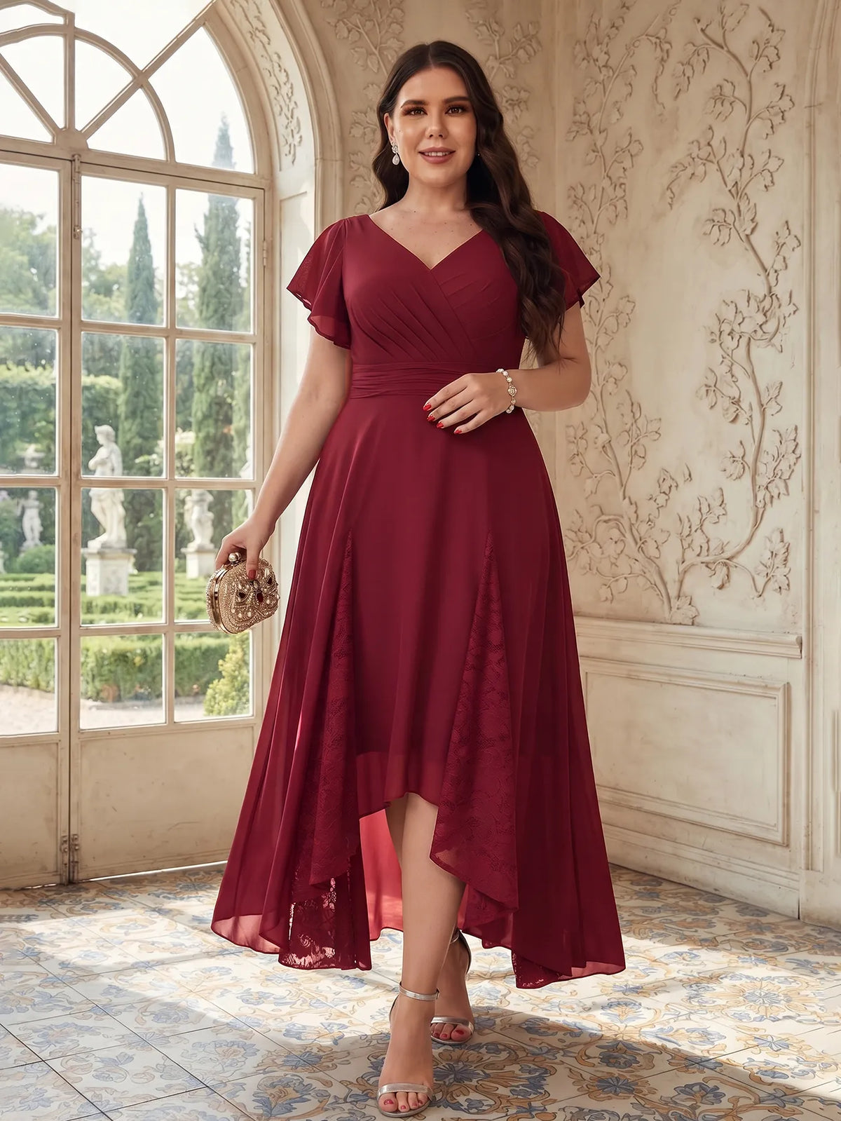 V-neck Pockets Chiffon Lace Insert High-low Dress