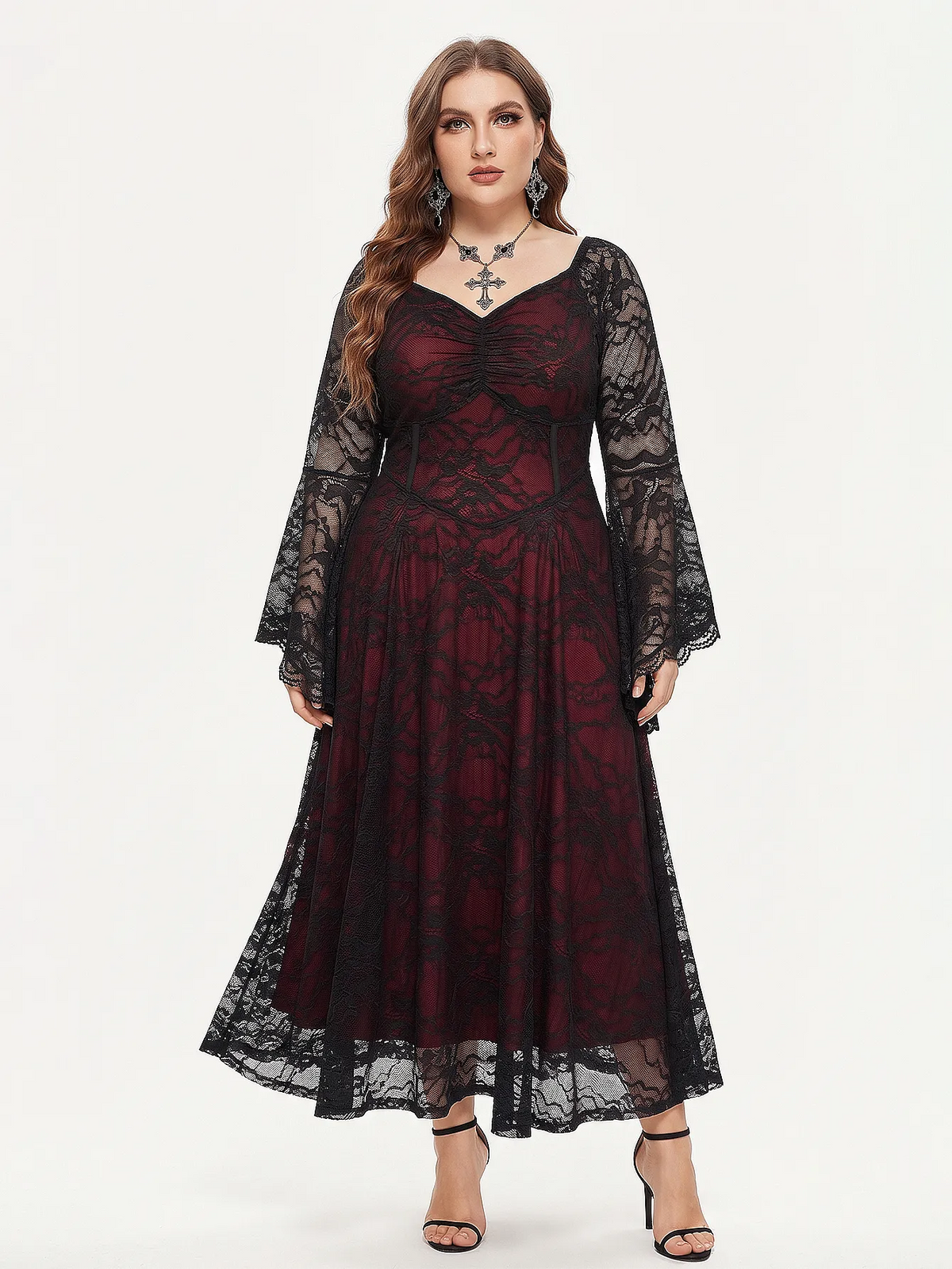 Robe longue en dentelle à col V et manches évasées, Vue de face