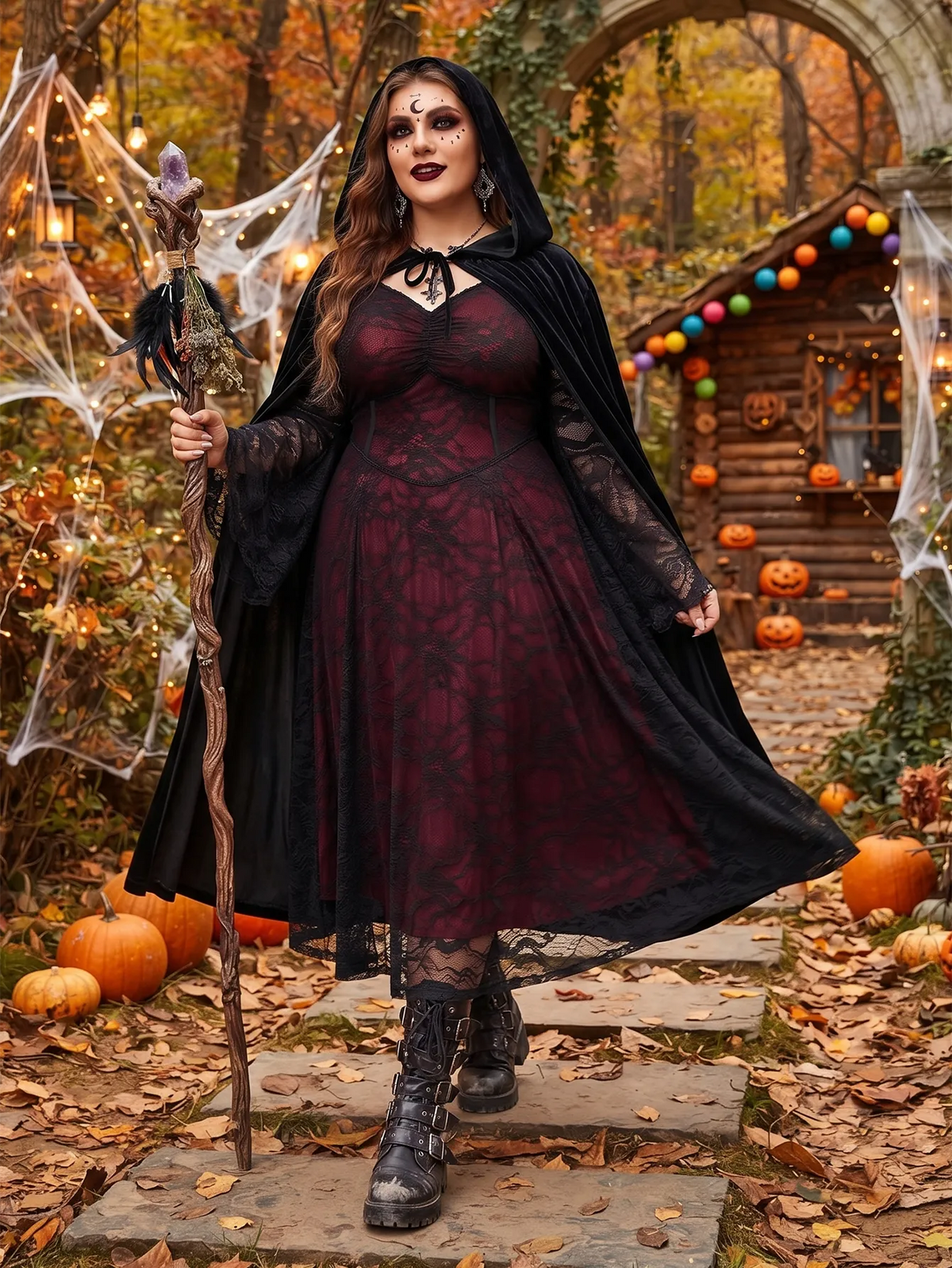 Robe longue en dentelle à col V et manches évasées, Style Halloween en extérieur