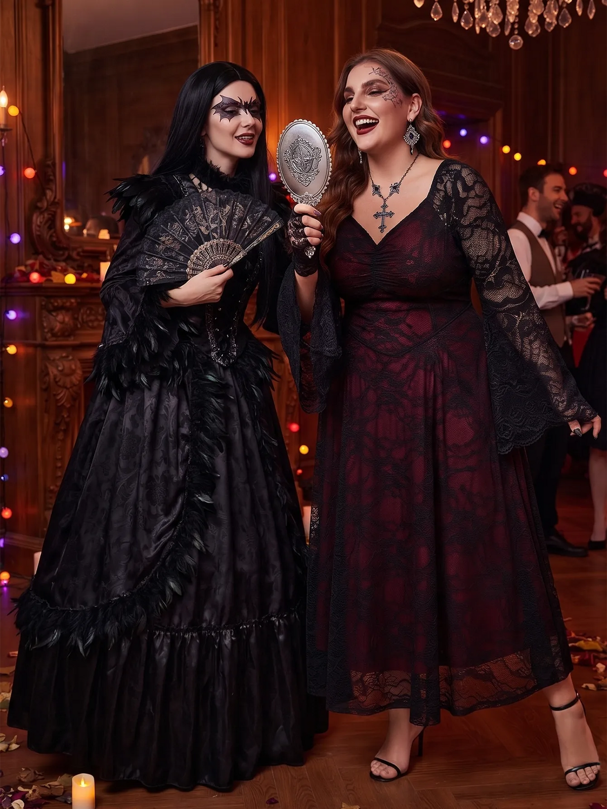 Robe longue en dentelle à col V et manches évasées, Style pour soirée Halloween