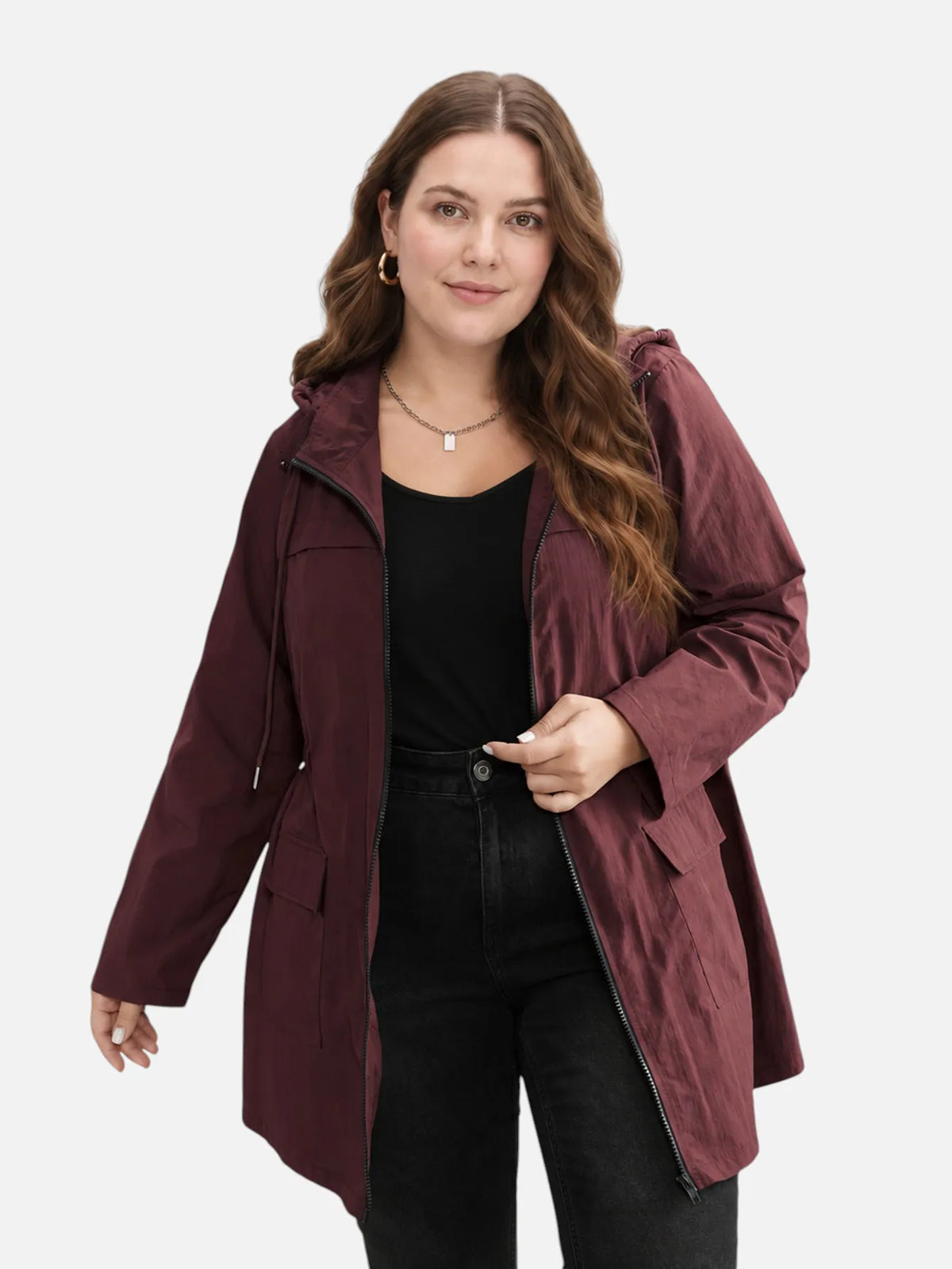 Veste déperlante bordeaux à capuche avec taille coulissée, Vue de face ouverte