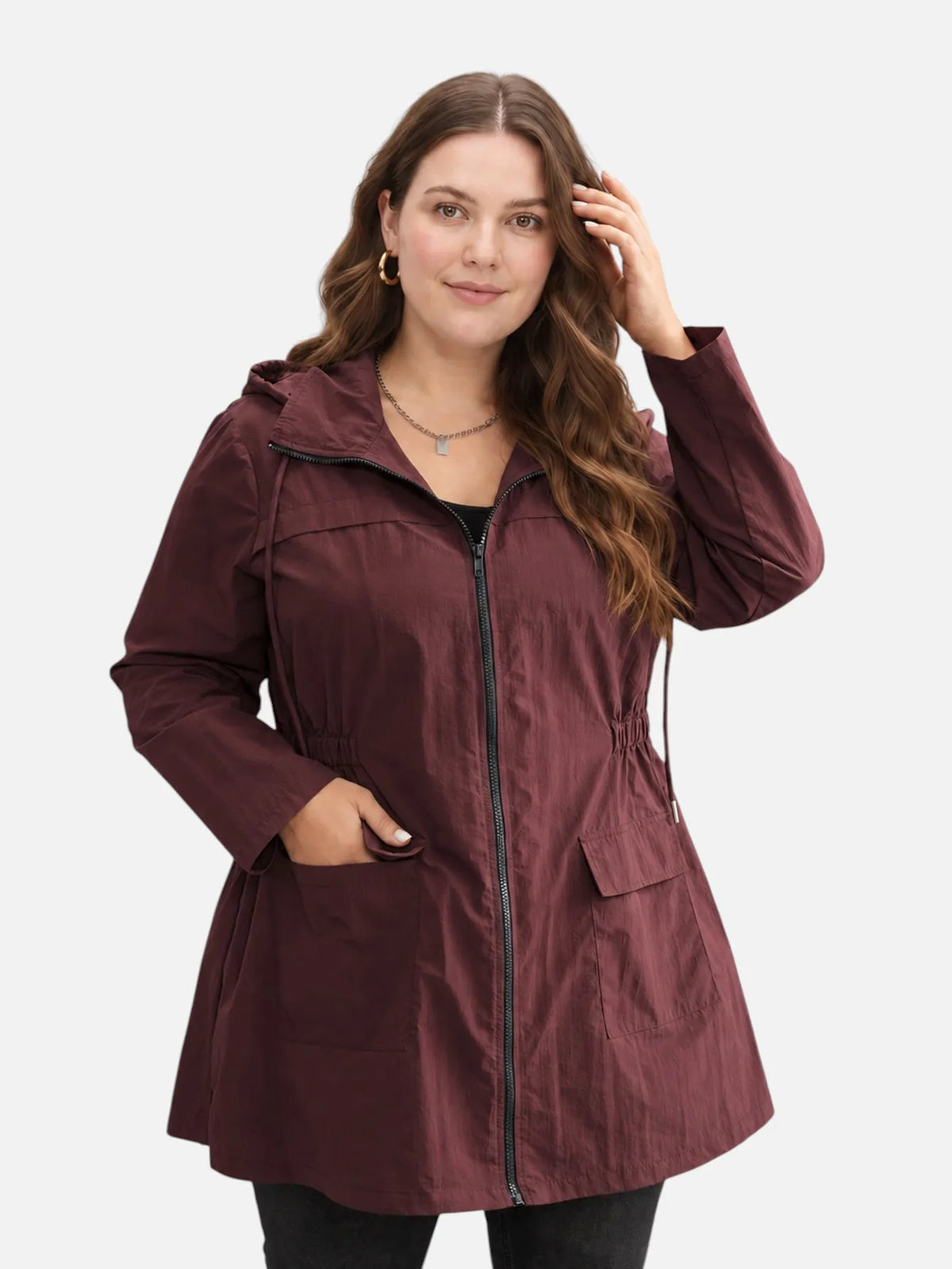 Veste déperlante bordeaux à capuche avec taille coulissée, Vue de face