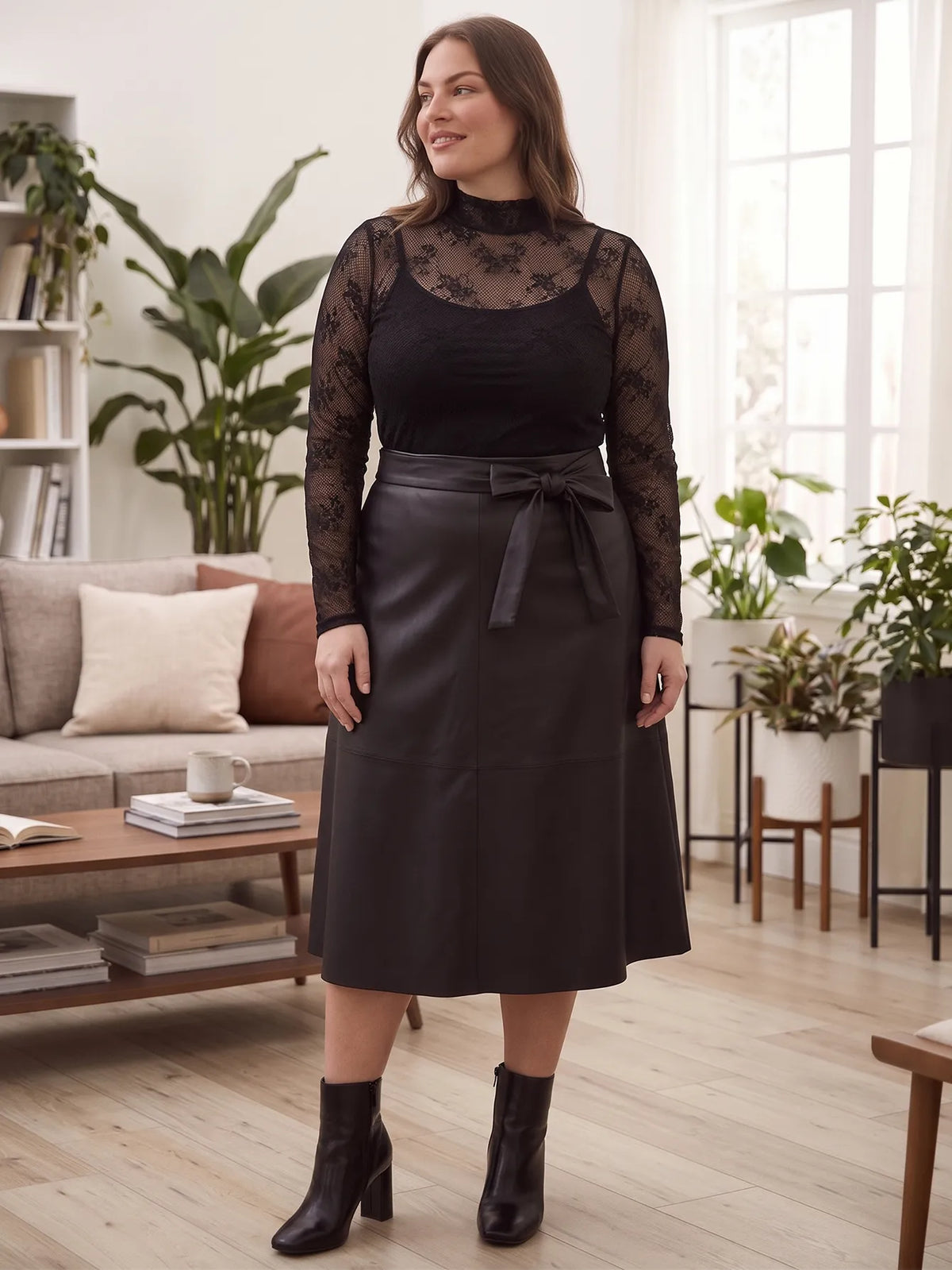 Faux-Leather A-Line Midi Skirt With Tie-Belt
