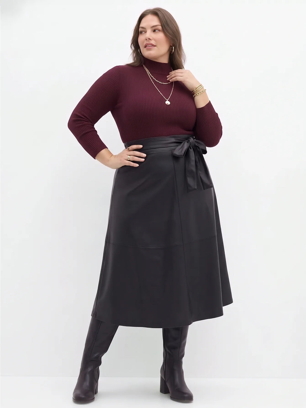 Faux-Leather A-Line Midi Skirt With Tie-Belt