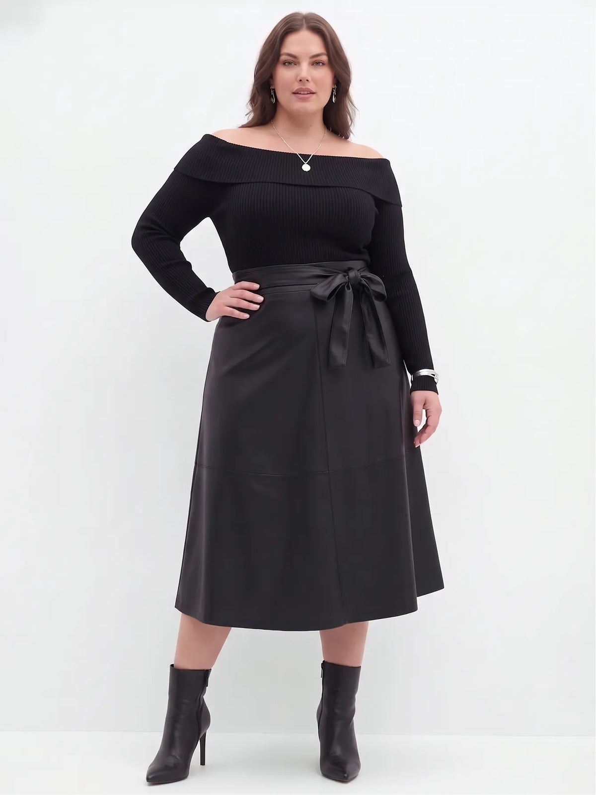 Faux-Leather A-Line Midi Skirt With Tie-Belt