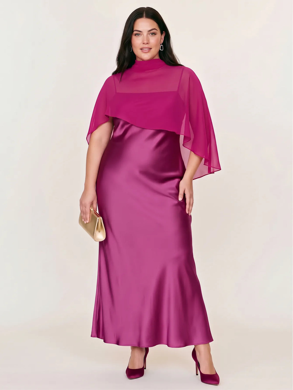Satin Maxi Dress With Sheer Chiffon Capelet Overlay