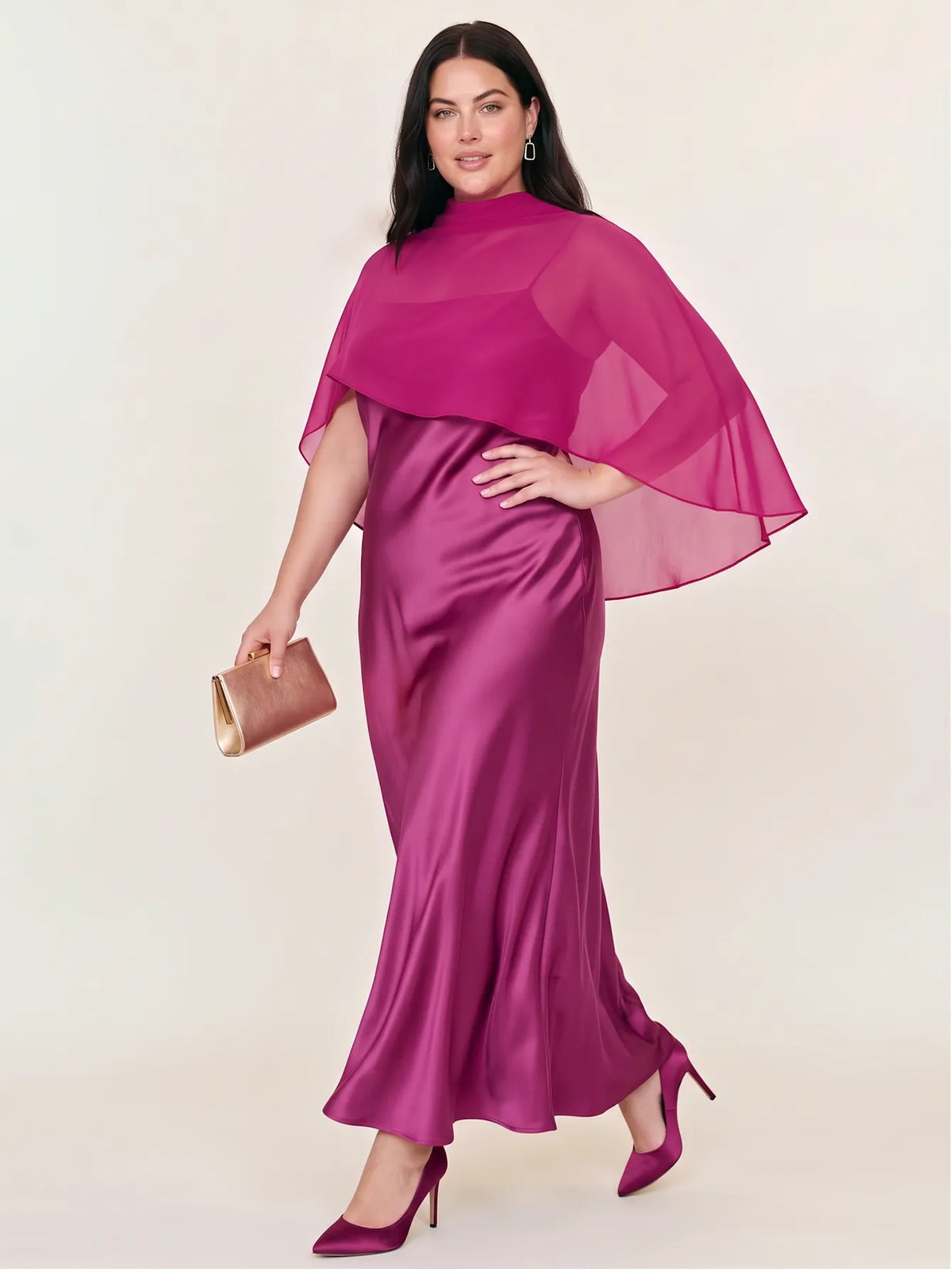 Satin Maxi Dress With Sheer Chiffon Capelet Overlay