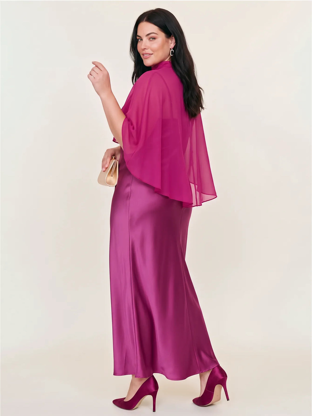 Satin Maxi Dress With Sheer Chiffon Capelet Overlay