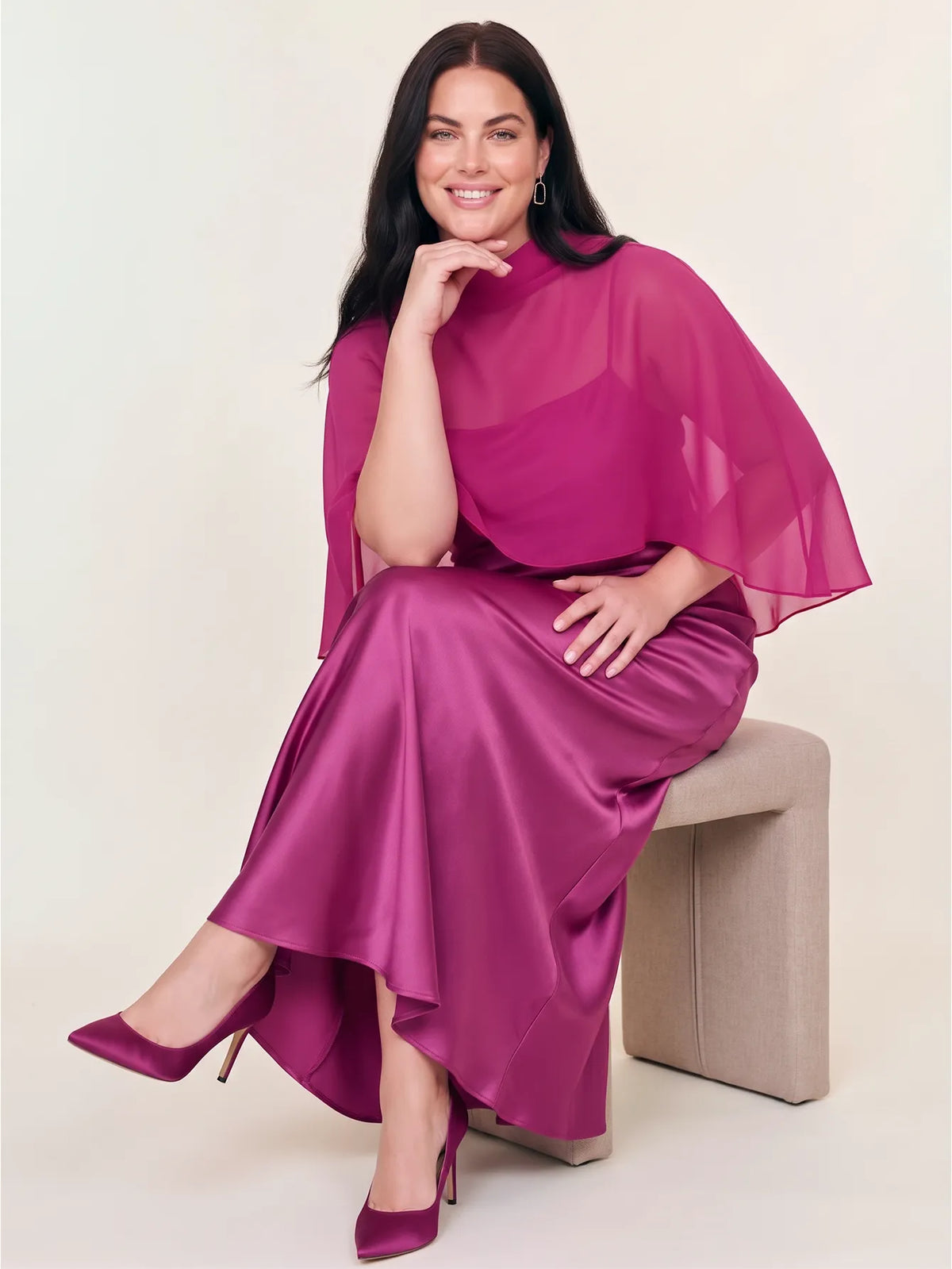 Satin Maxi Dress With Sheer Chiffon Capelet Overlay