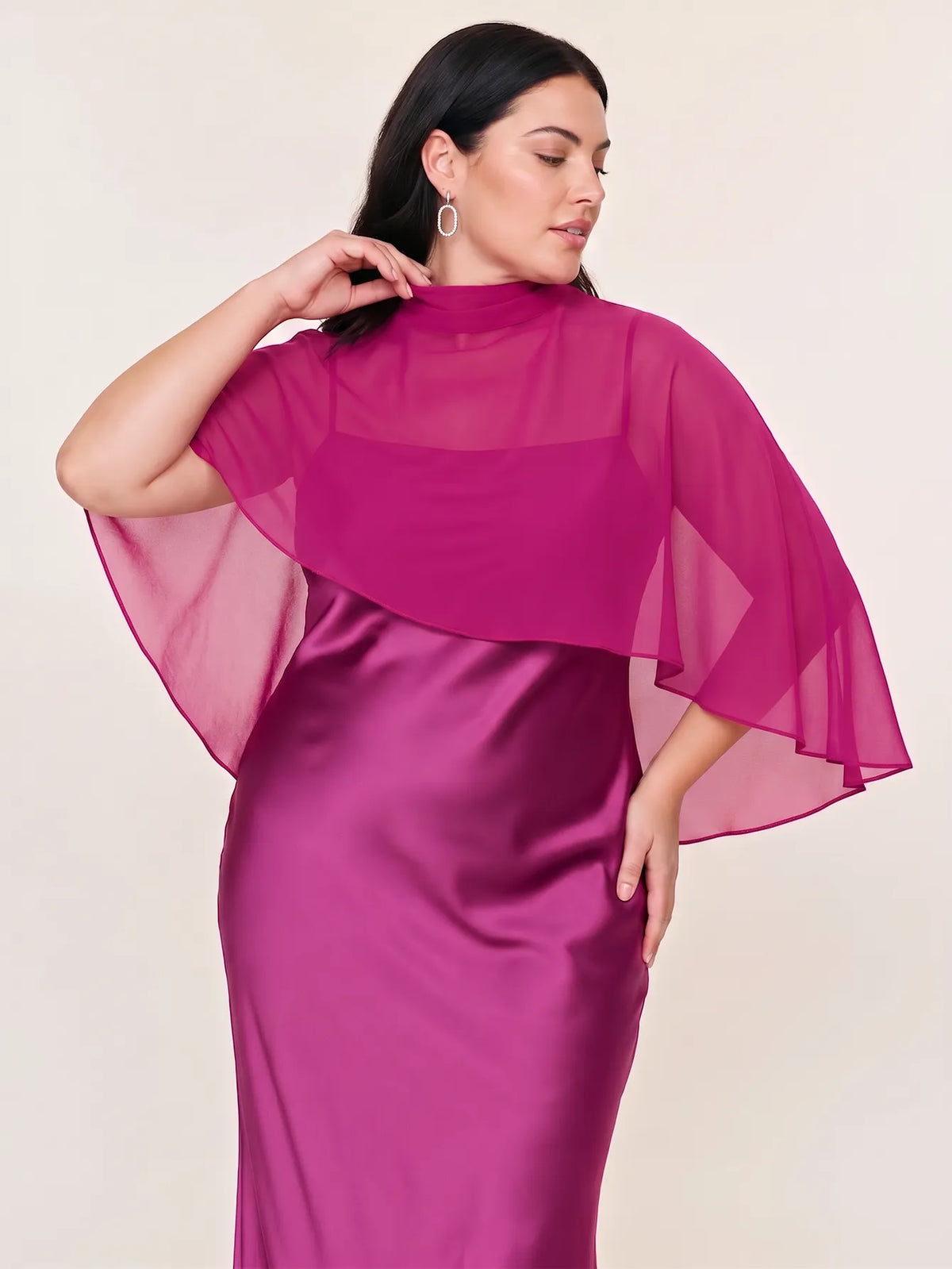 Satin Maxi Dress With Sheer Chiffon Capelet Overlay