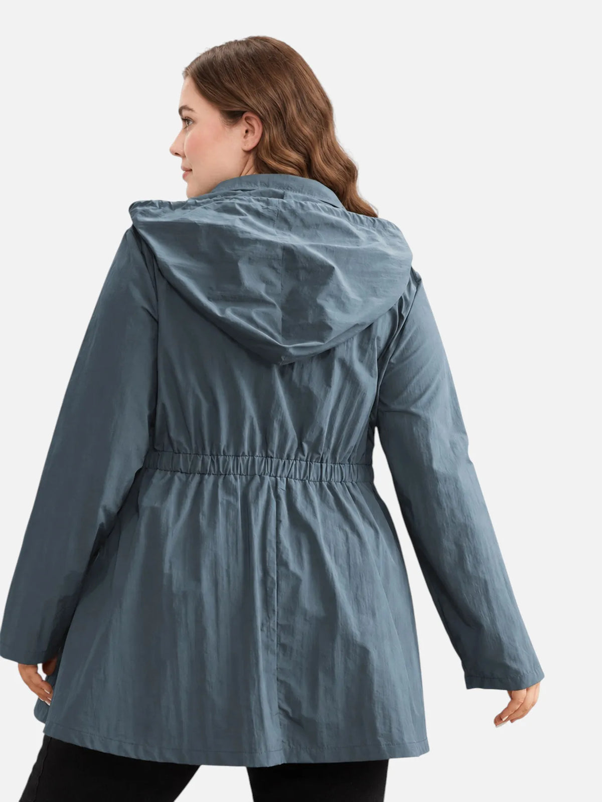 Veste déperlante bleu grisé à capuche avec taille coulissée, Vue de dos