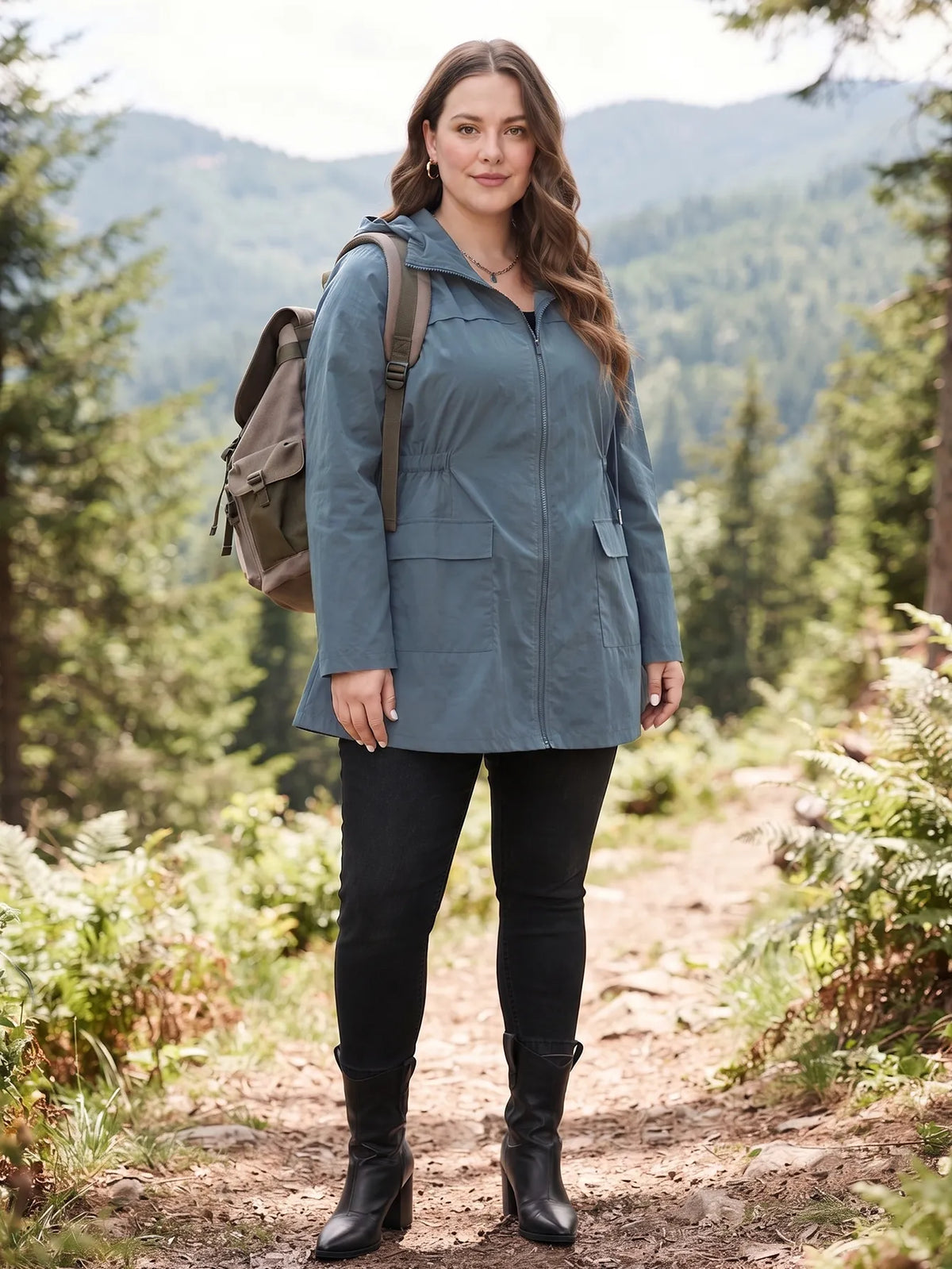 Veste déperlante bleu grisé à capuche avec taille coulissée, Style randonnée en extérieur