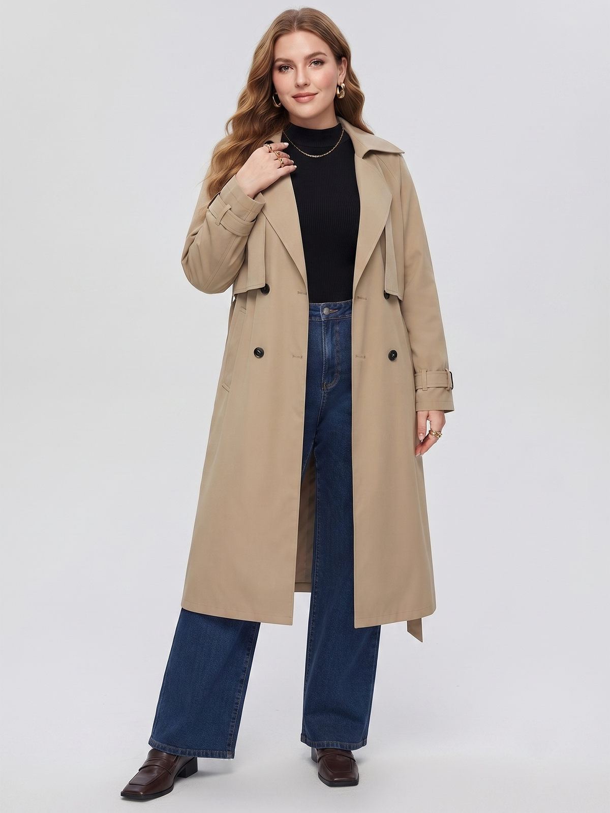 Belted midi trench coat in beige, front view.