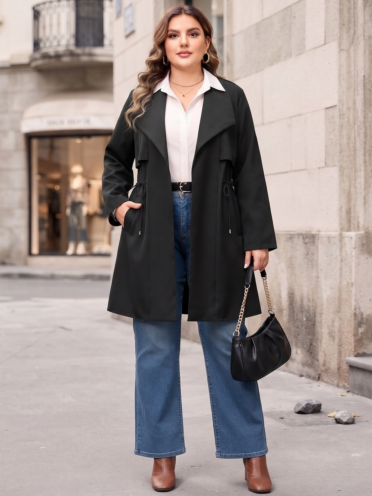 Drawstring-waist trench coat in black, styled with jeans outdoors.