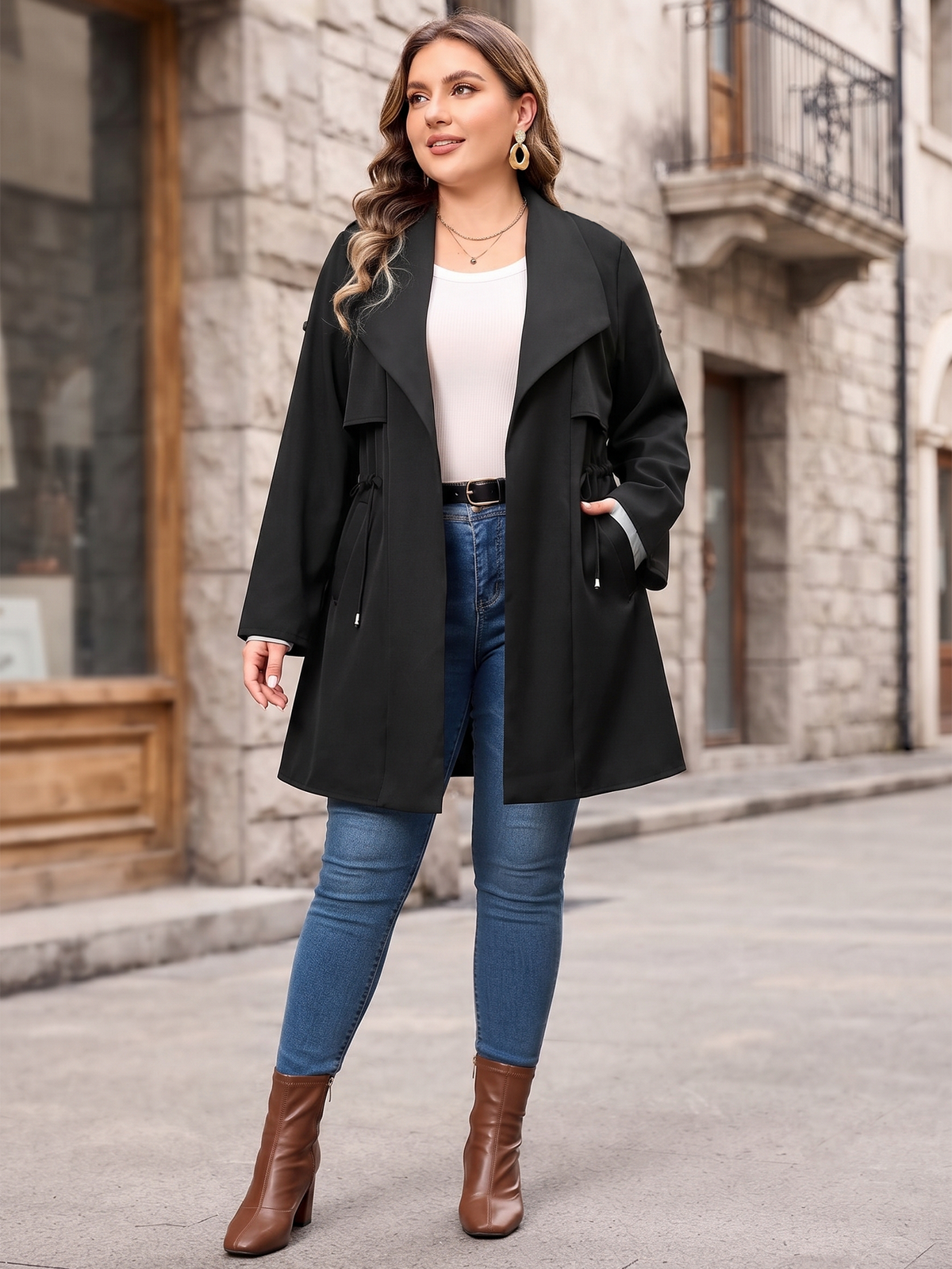 Drawstring-waist trench coat in black, styled with jeans outdoors.