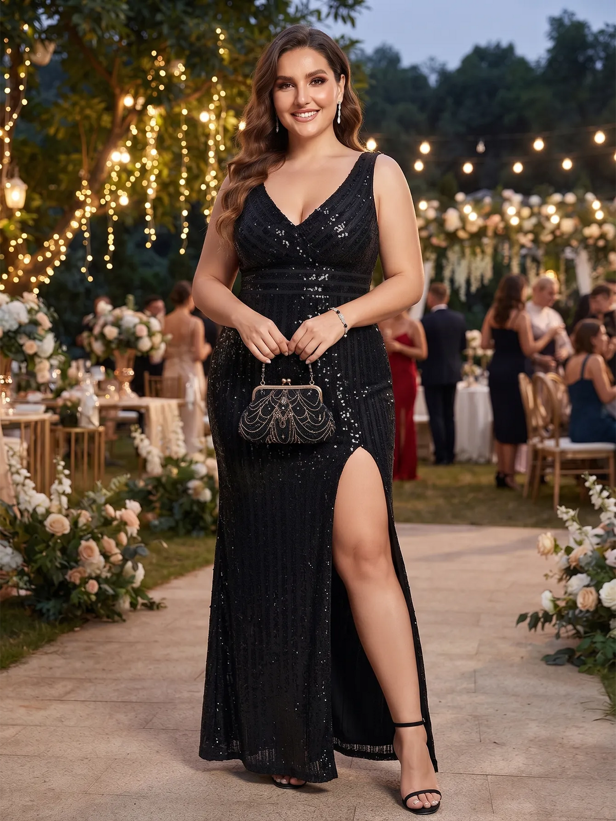 V-neck sequin mesh maxi dress in black, outfit beside festive decorations.