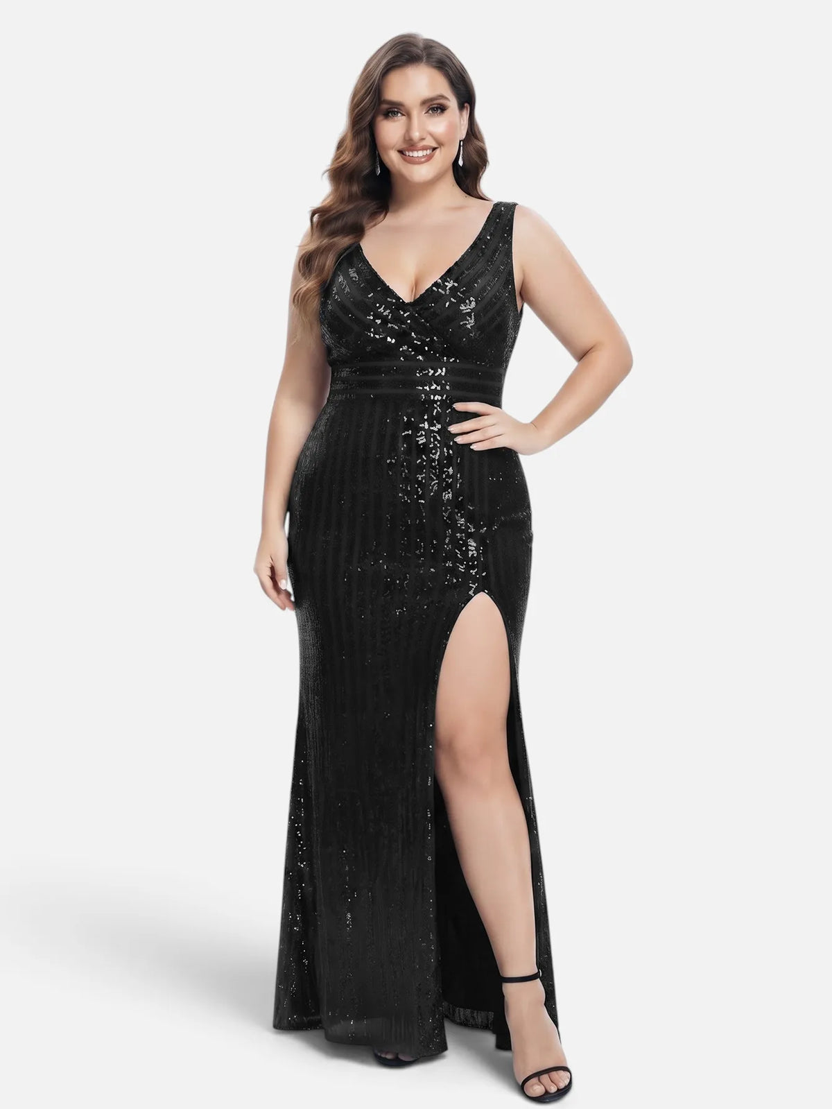 V-neck sequin mesh maxi dress in black, front view.