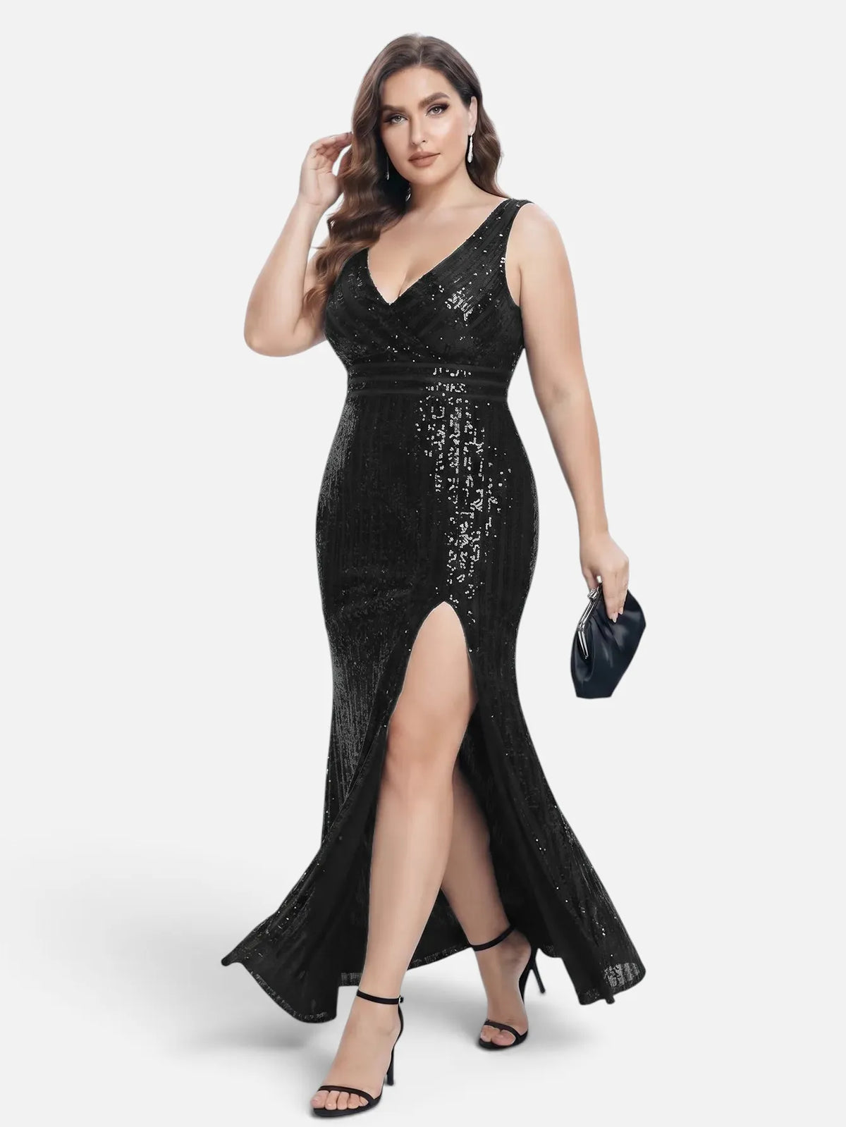 V-neck sequin mesh maxi dress in black, skirt shown in movement.