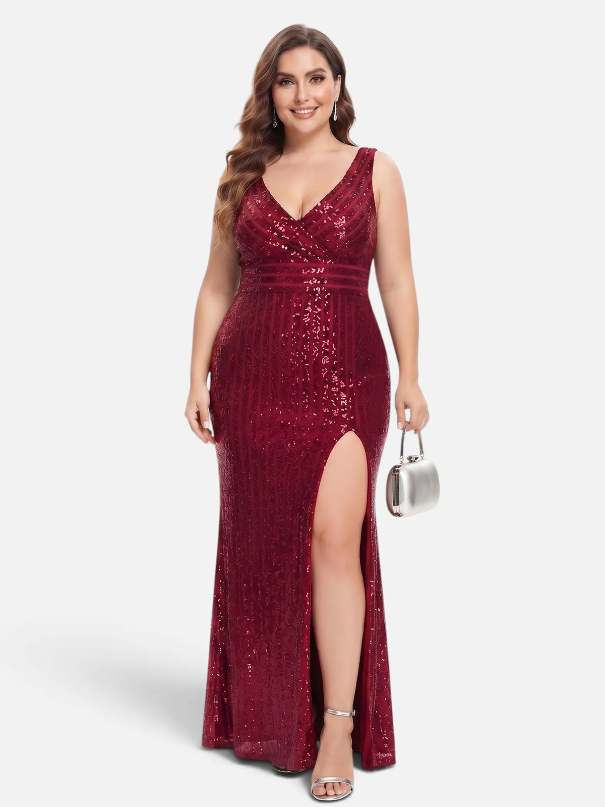 V-neck sequin mesh maxi dress in burgundy, front view.
