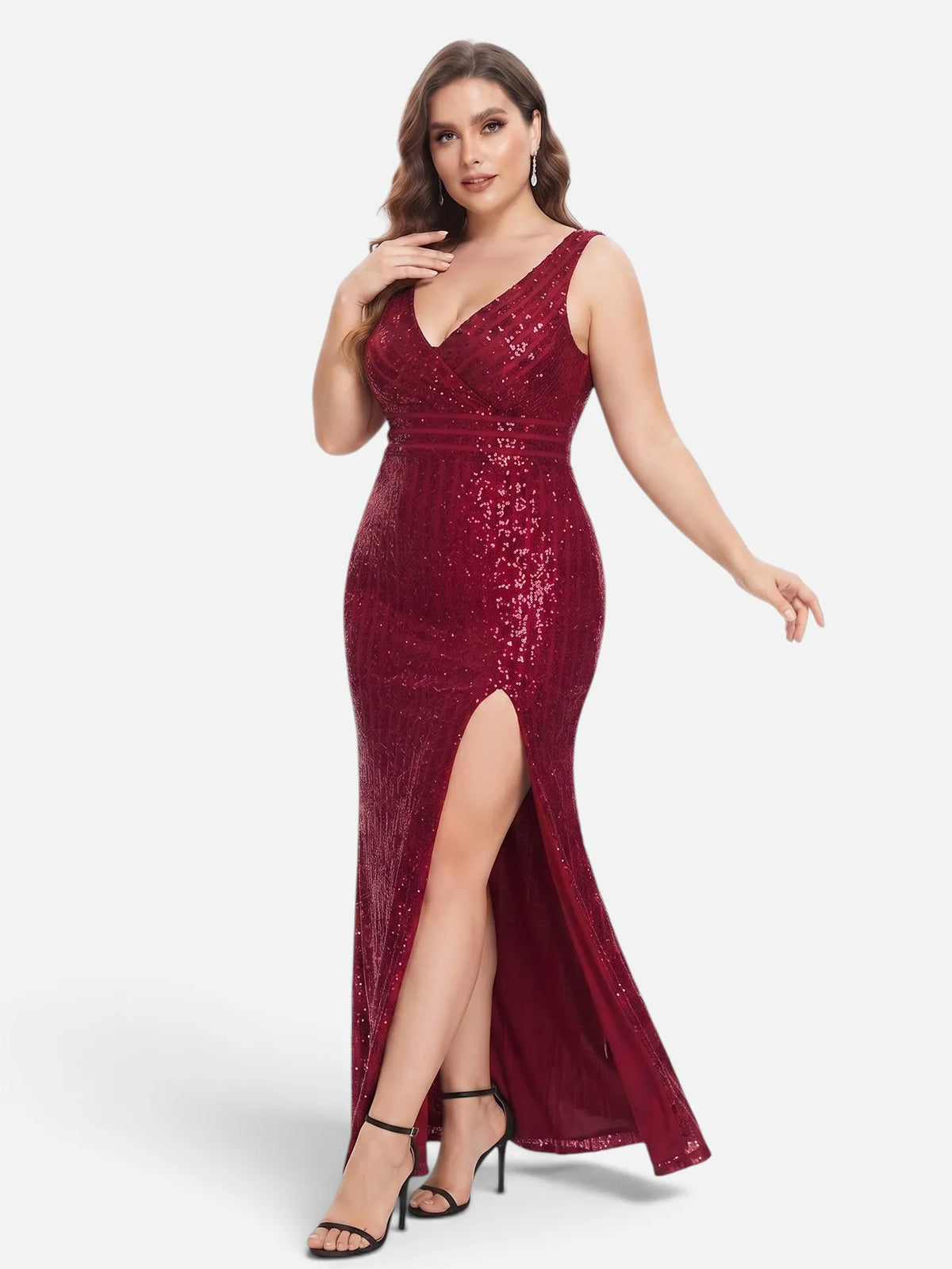 V-neck sequin mesh maxi dress in burgundy, three-quarter view.