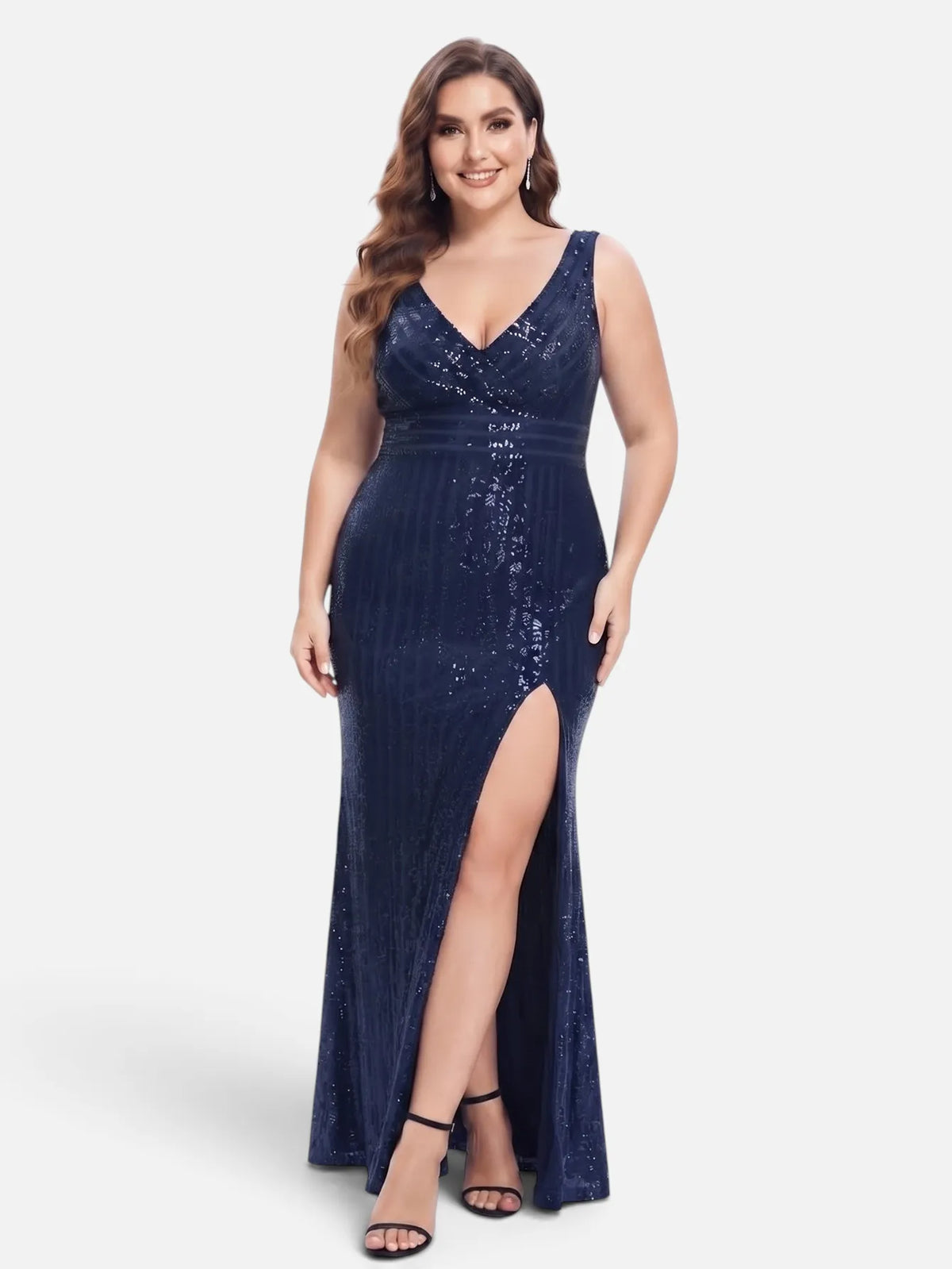 V-neck sequin mesh maxi dress in navy, front view.