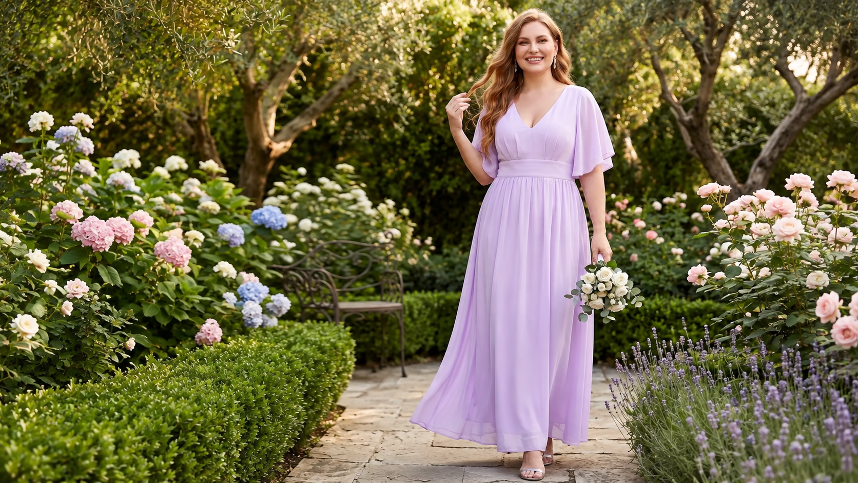 Plus-size wedding guest wearing a lilac chiffon maxi dress with flutter sleeves and a V-neckline