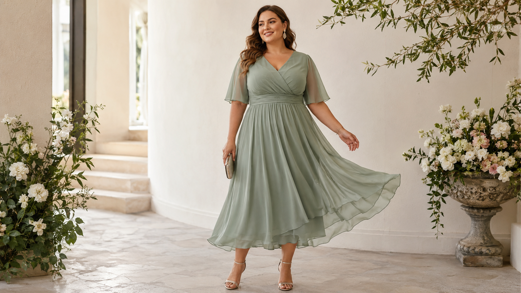 Plus-size woman wearing a sage green chiffon dress with a flowing layered skirt at an elegant wedding venue.