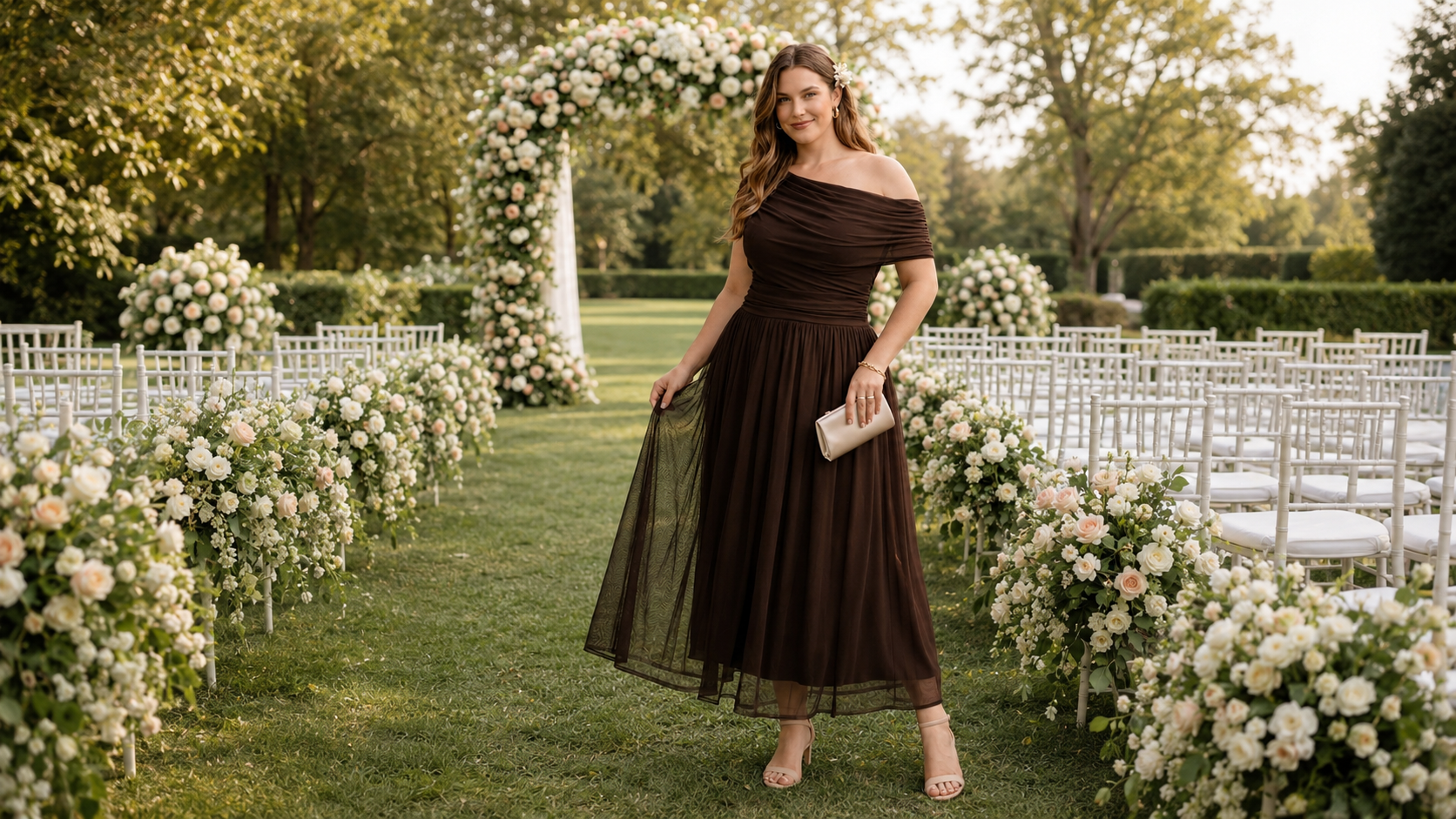 Woman wearing a brown plus size asymmetrical A-line dress at an outdoor wedding