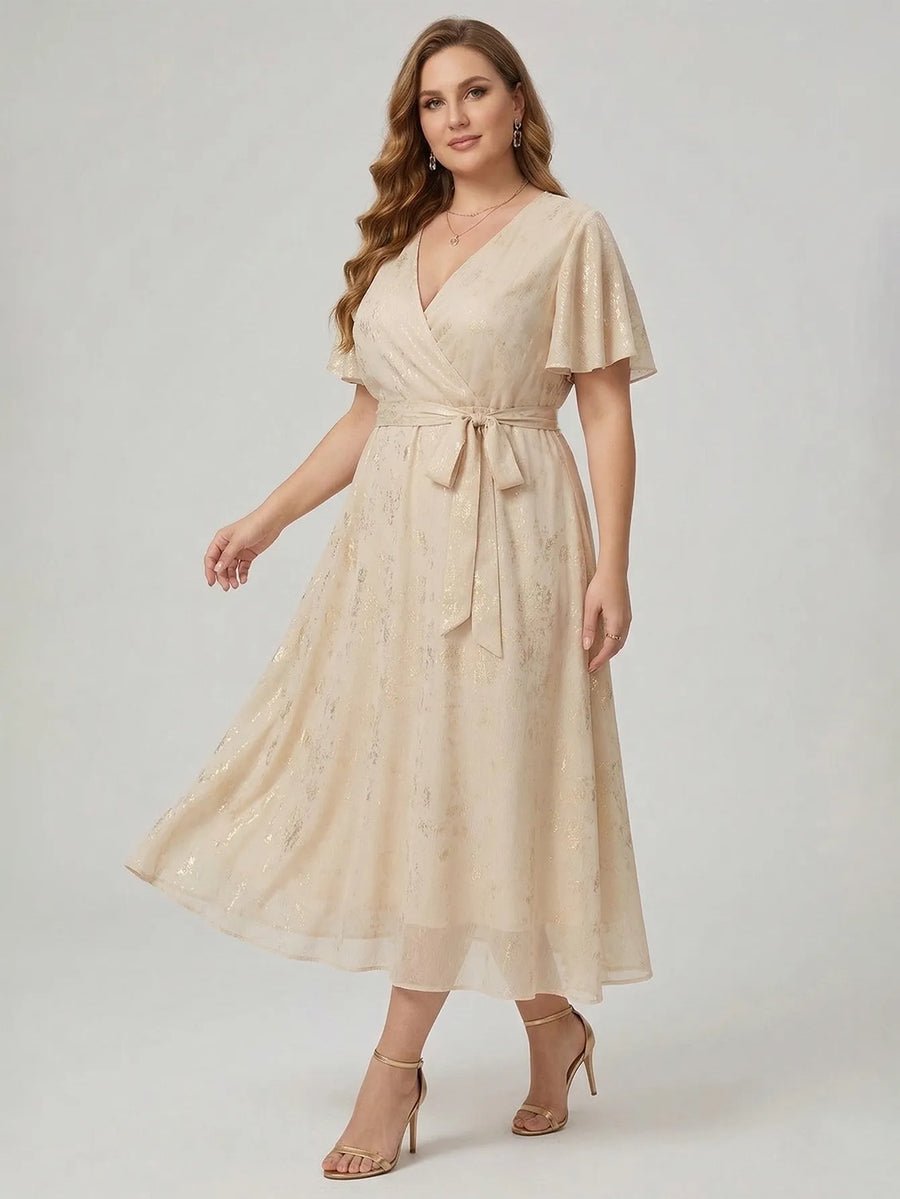 Yeese Plus Size Elegant Gold-Stamped Chiffon Guest Dress