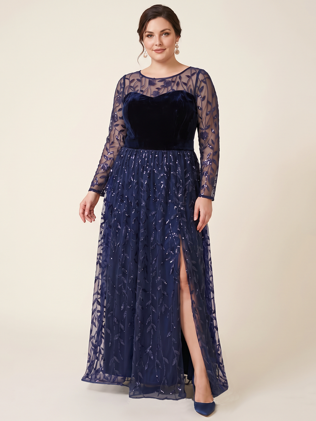 Velvet-and-Mesh Gown with Leaf-Shaped Sequins