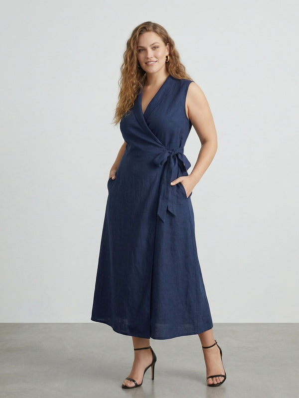 Yeese Plus Size Women‘s Linen  V-Neck Sleeveless Dress