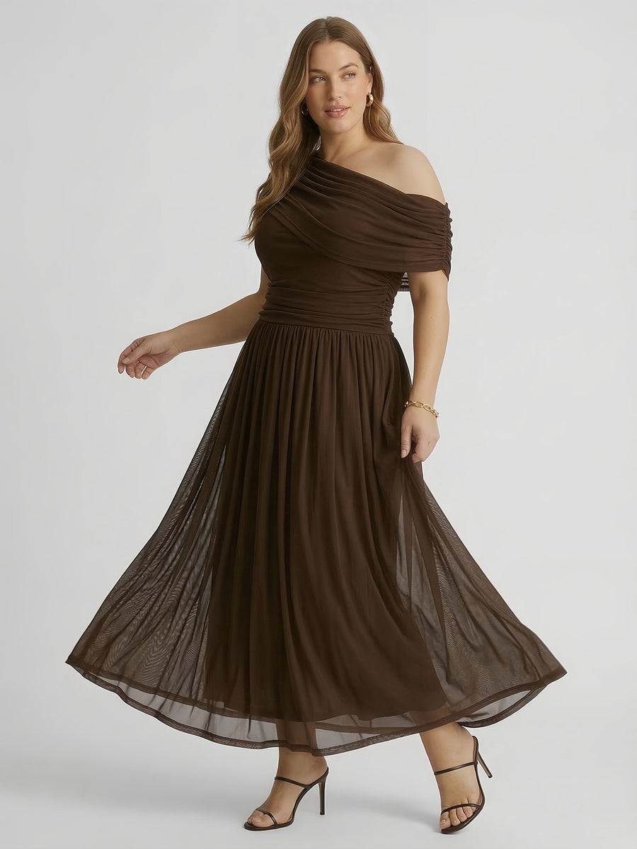 Mesh Asymmetrical-Neck Stretch A-Line Maxi Dress