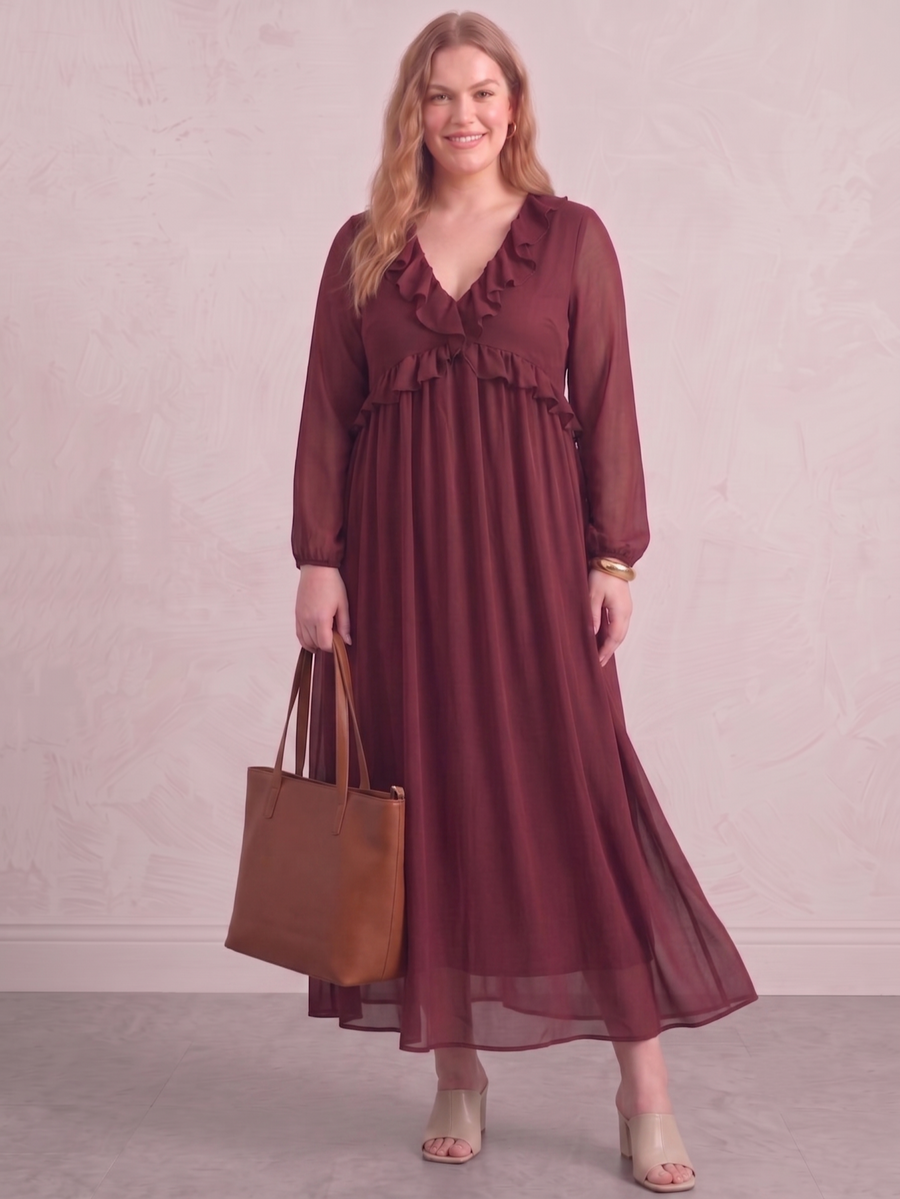 Yeese Plus Size Women‘s Chiffon Ruffled V-Neck Dress