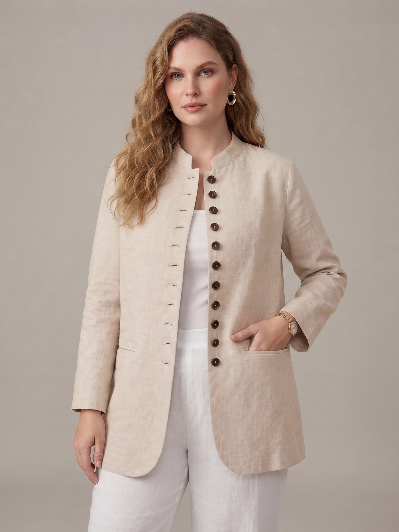 Linen-Blend Button-Front Jacket with Pockets