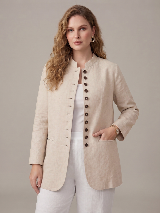 Linen-Blend Button-Front Jacket with Pockets