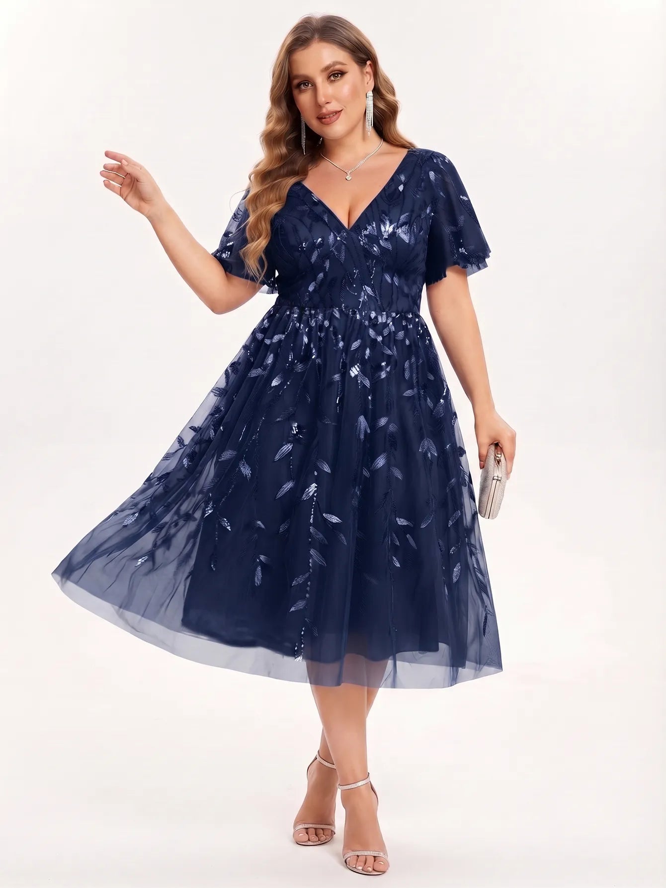 V-neck mesh embroidered leaf sequined dress