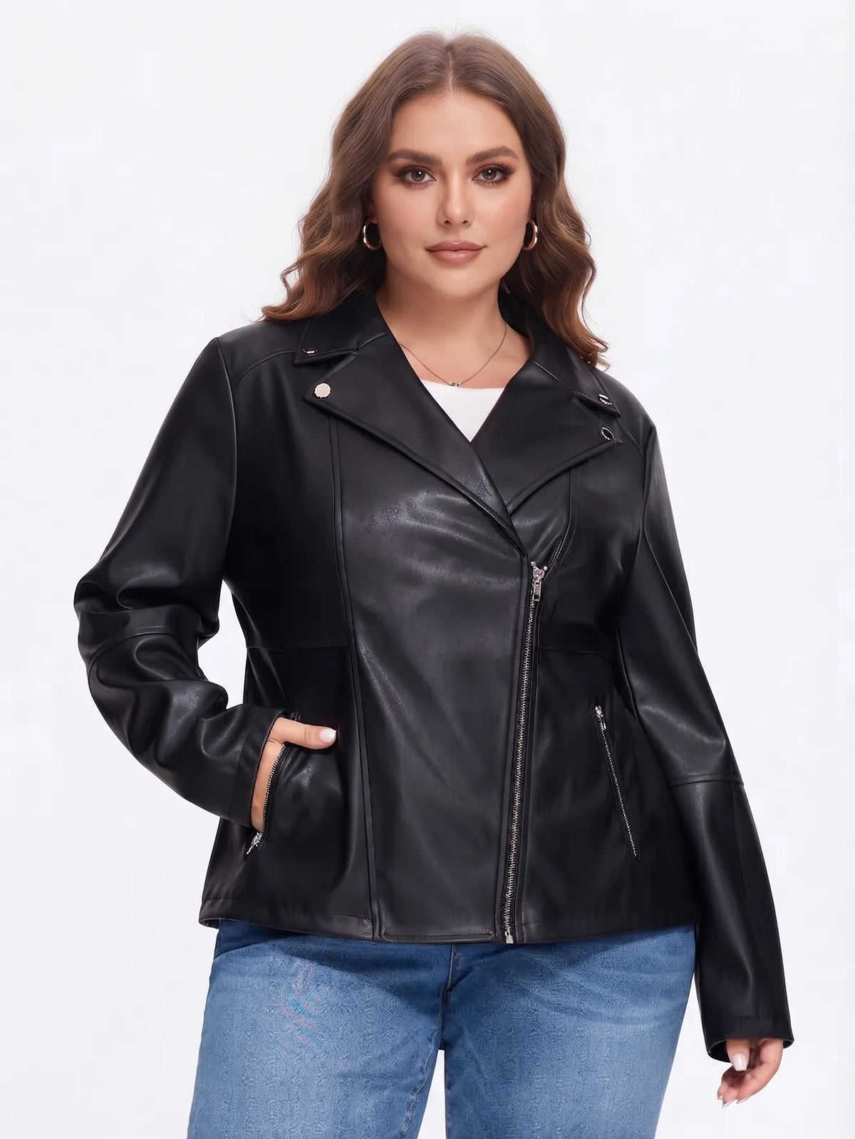Zipper Pockets Faux Leather Biker Jacket