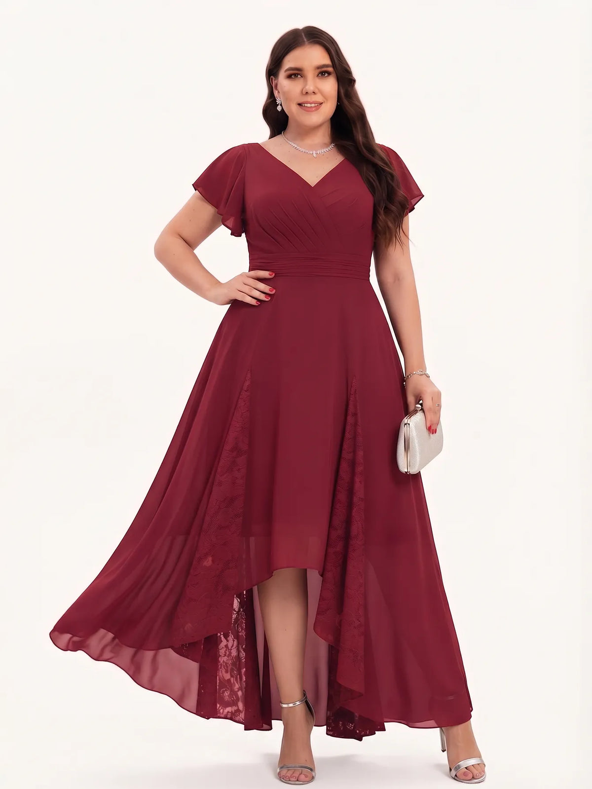 V-neck Pockets Chiffon Lace Insert High-low Dress