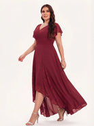 V-neck Pockets Chiffon Lace Insert High-low Dress