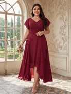 V-neck Pockets Chiffon Lace Insert High-low Dress