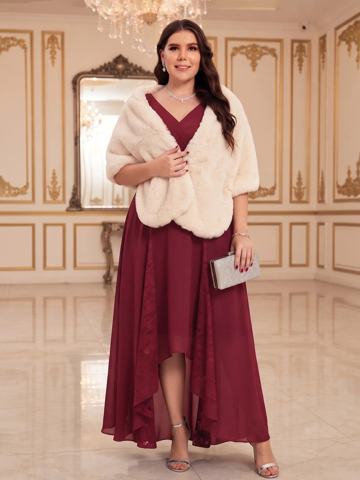 V-neck Pockets Chiffon Lace Insert High-low Dress