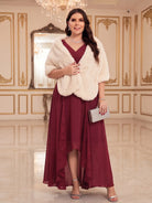V-neck Pockets Chiffon Lace Insert High-low Dress
