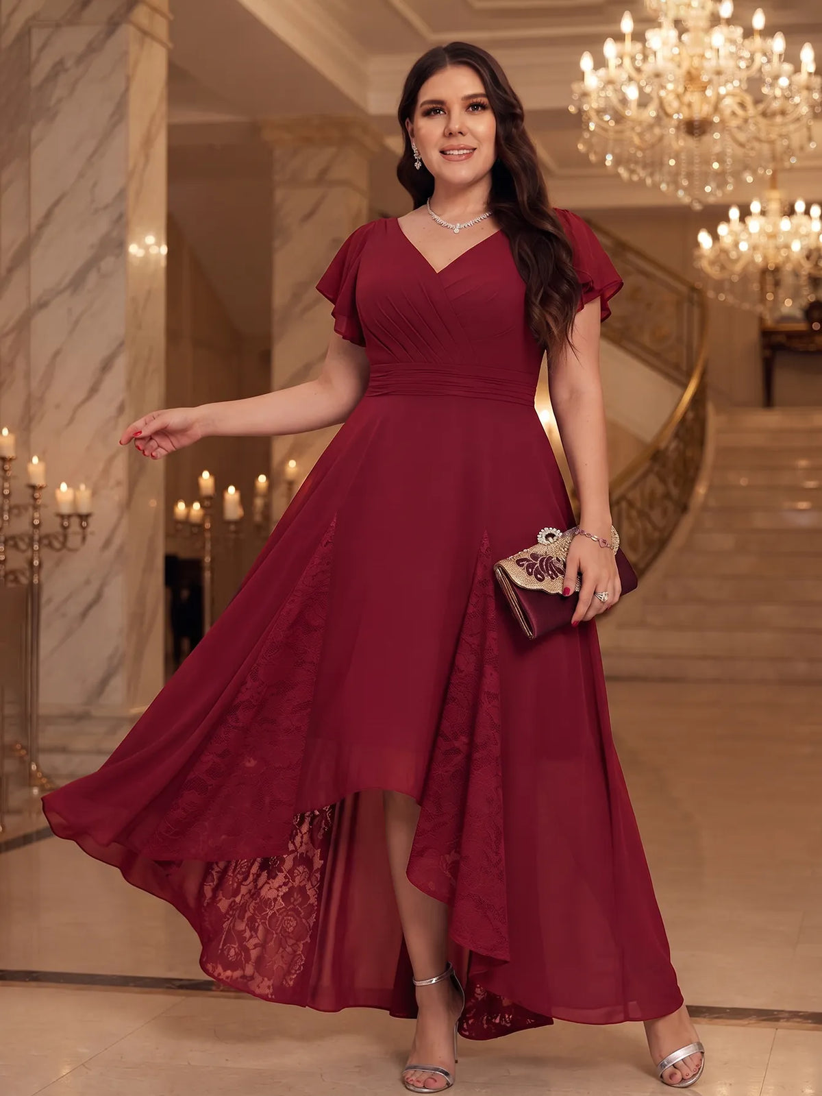 V-neck Pockets Chiffon Lace Insert High-low Dress