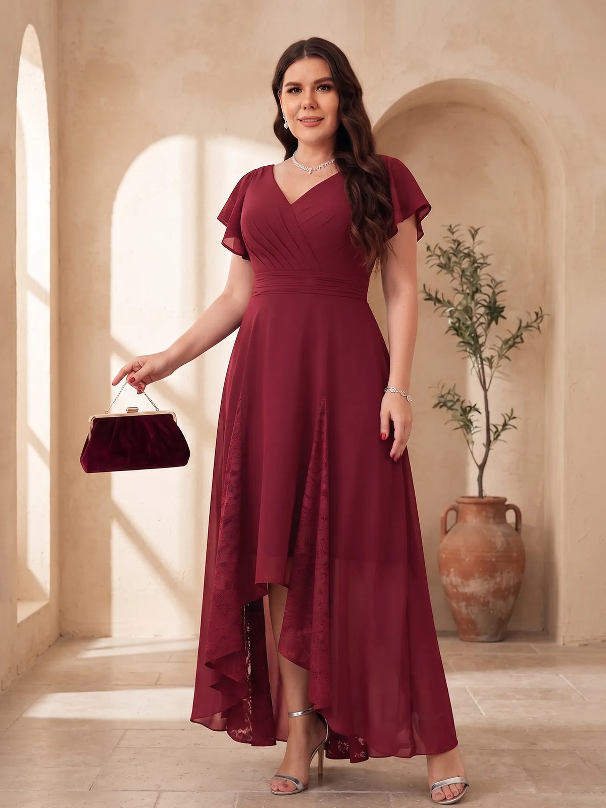 V-neck Pockets Chiffon Lace Insert High-low Dress