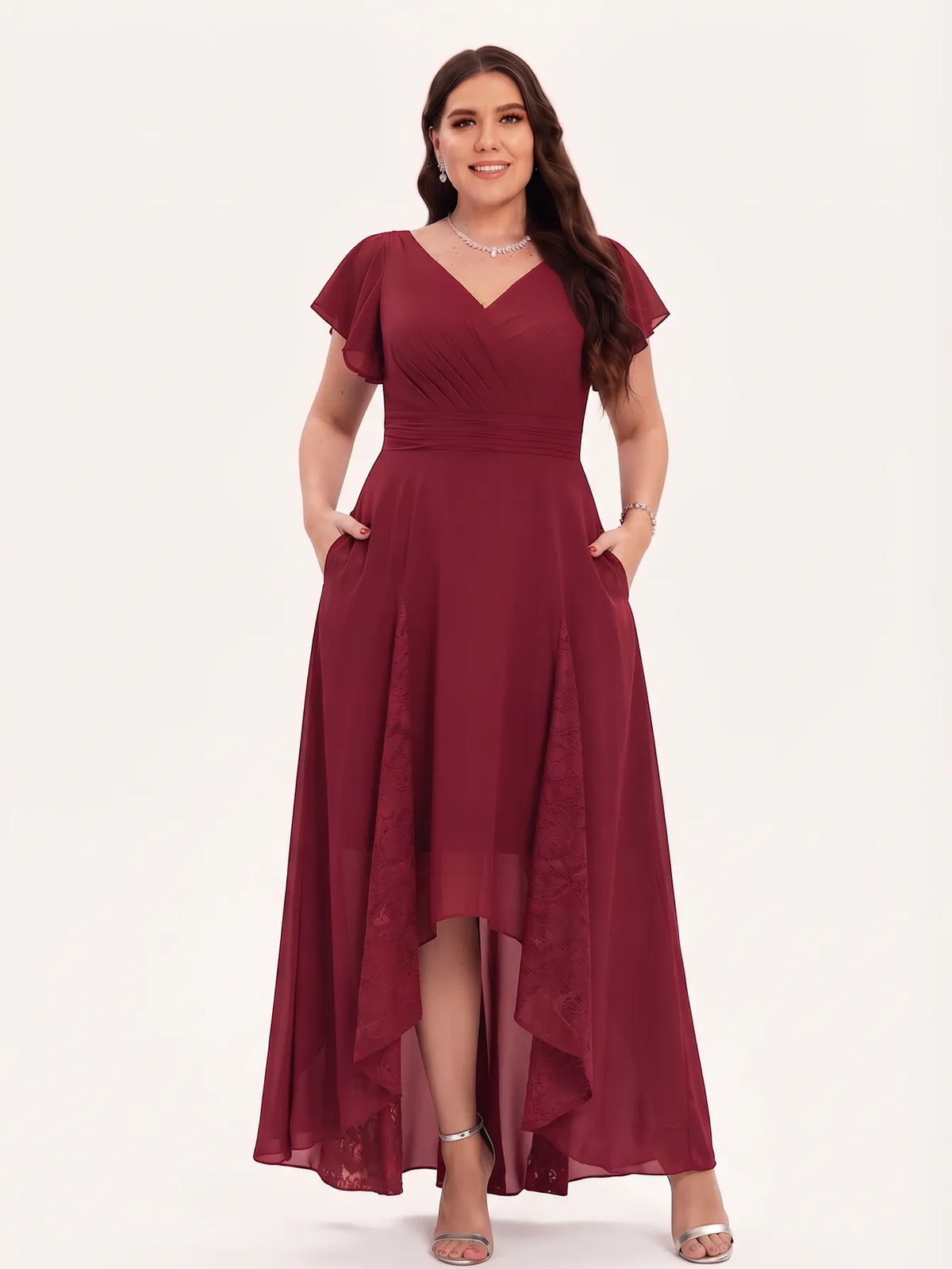 V-neck Pockets Chiffon Lace Insert High-low Dress