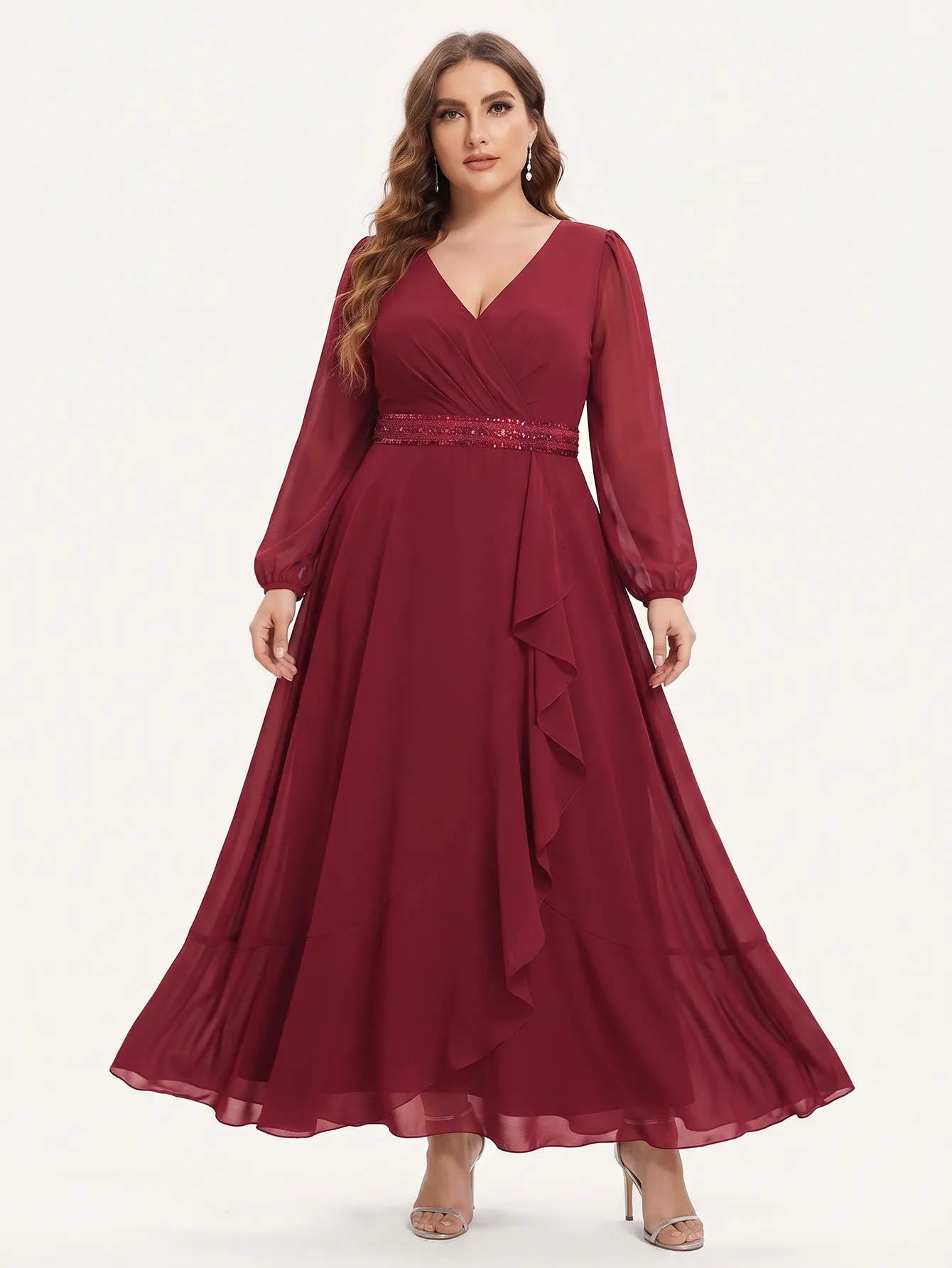 Chiffon V-Neck Sequin Waistline Ruffles Maxi Dress