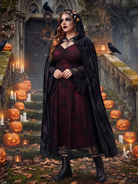 Maxikleid aus Spitze mit V-Ausschnitt und Trompetenärmeln, Halloween-Styling mit Kürbissen