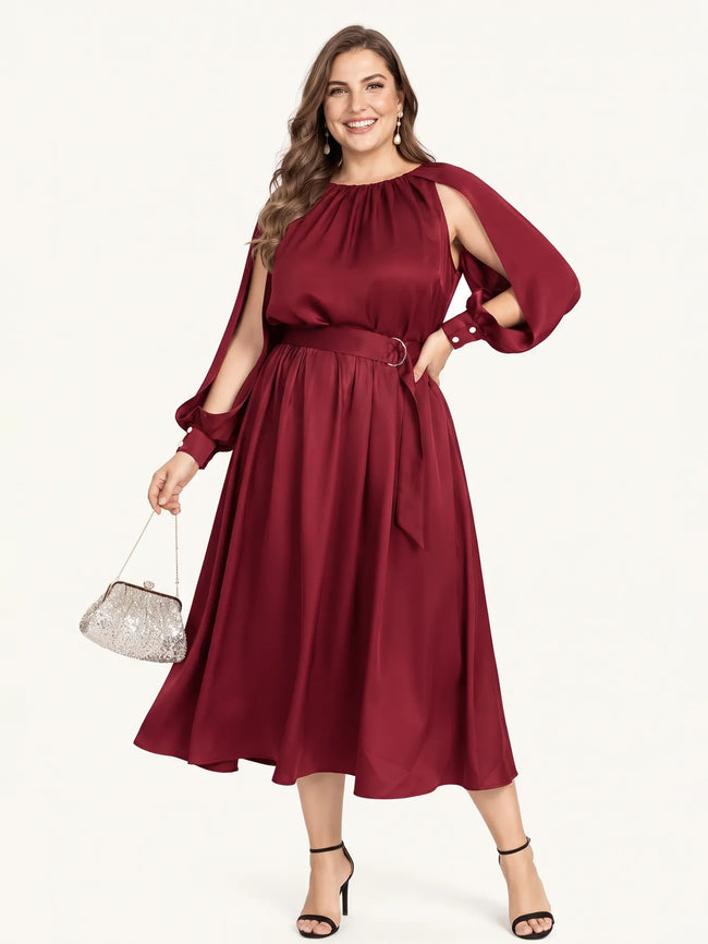 Long-Sleeve Satin Belted Midi Dress with Pockets